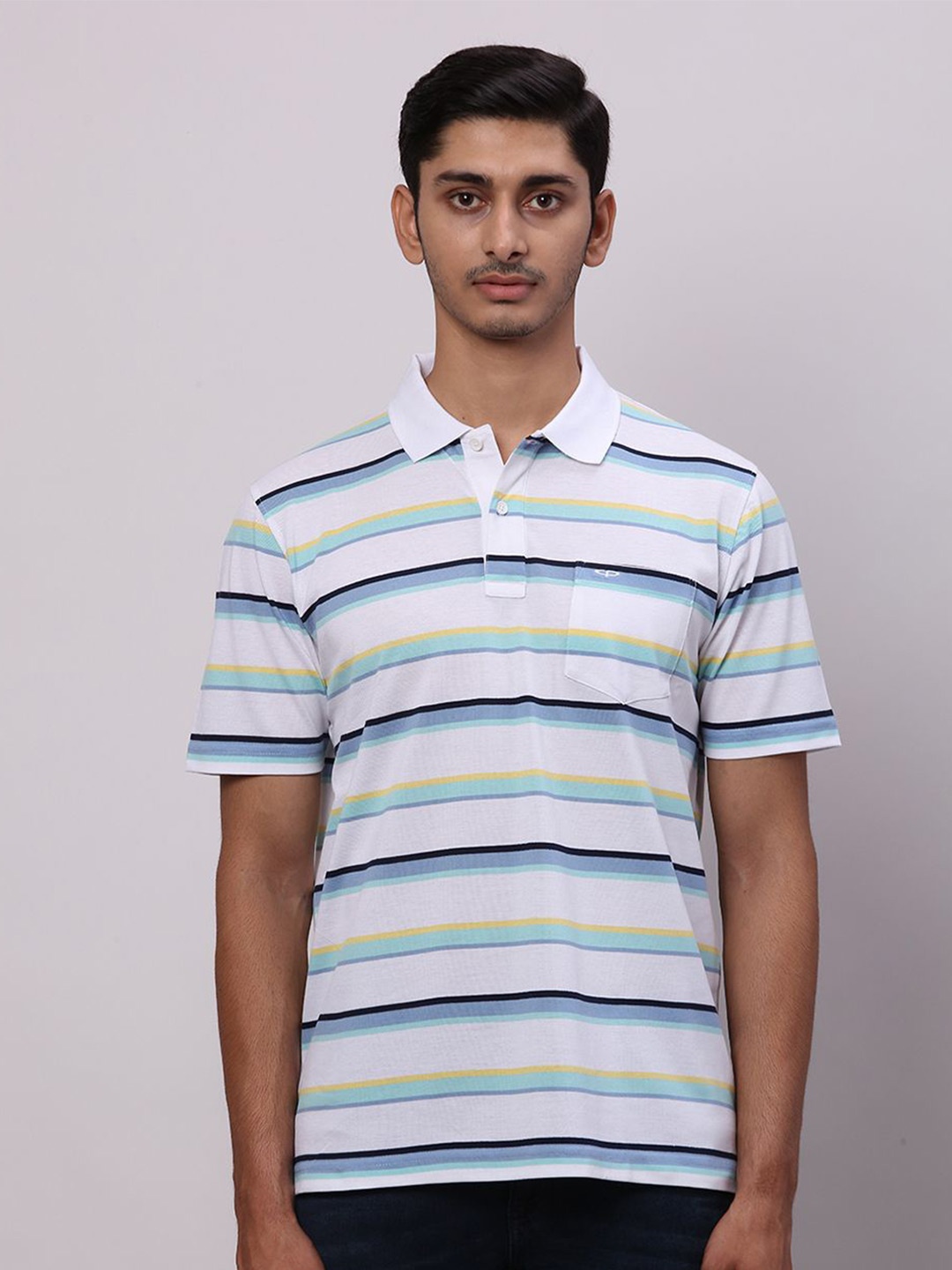 

ColorPlus Men Striped Polo Collar Pockets T-shirt, White