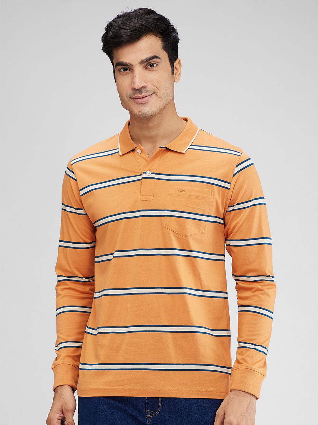 ColorPlus Men Striped Polo Collar Pockets T-shirt, Orange