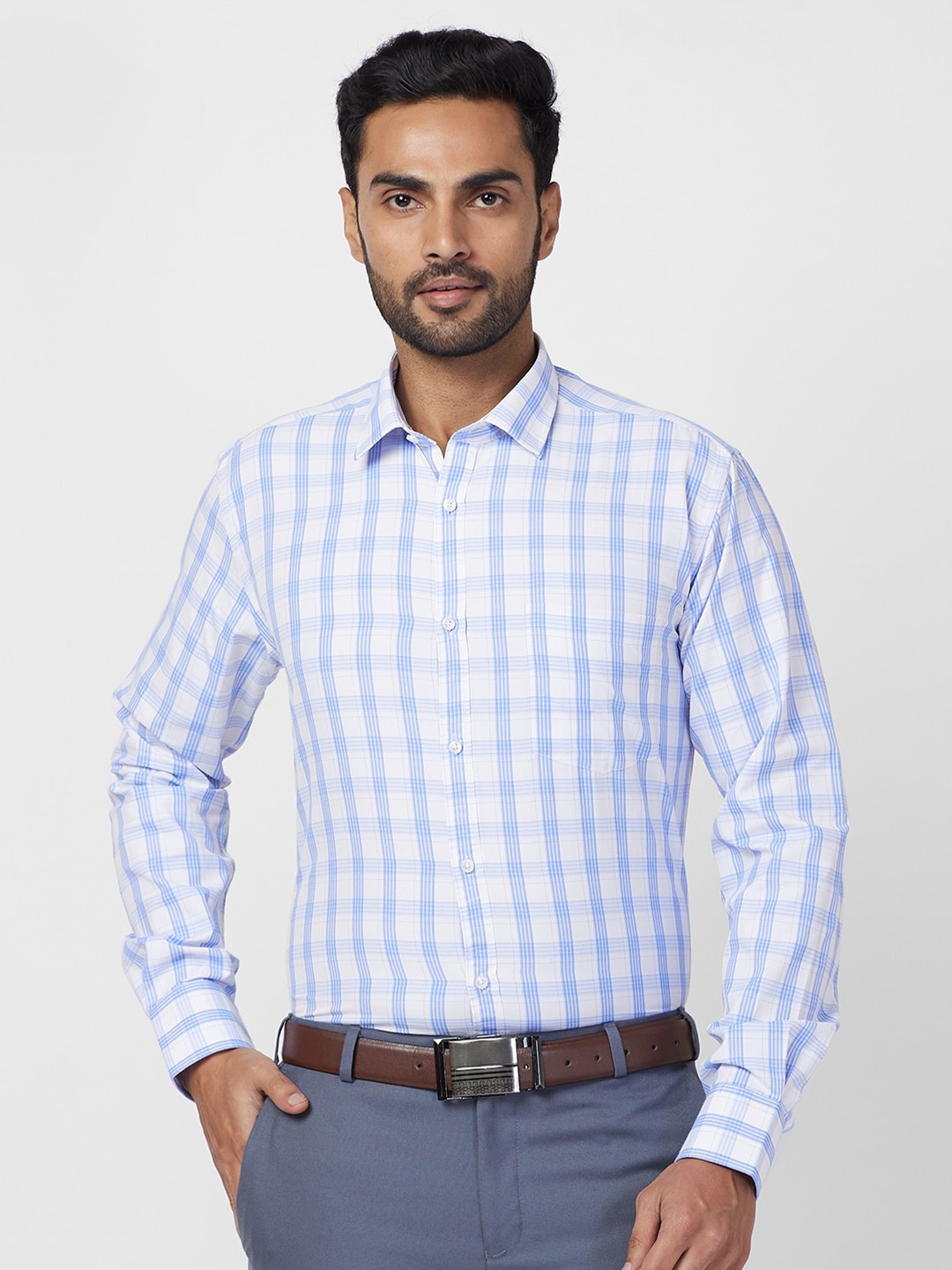 

Park Avenue Men Slim Fit Opaque Checked Formal Shirt, Blue