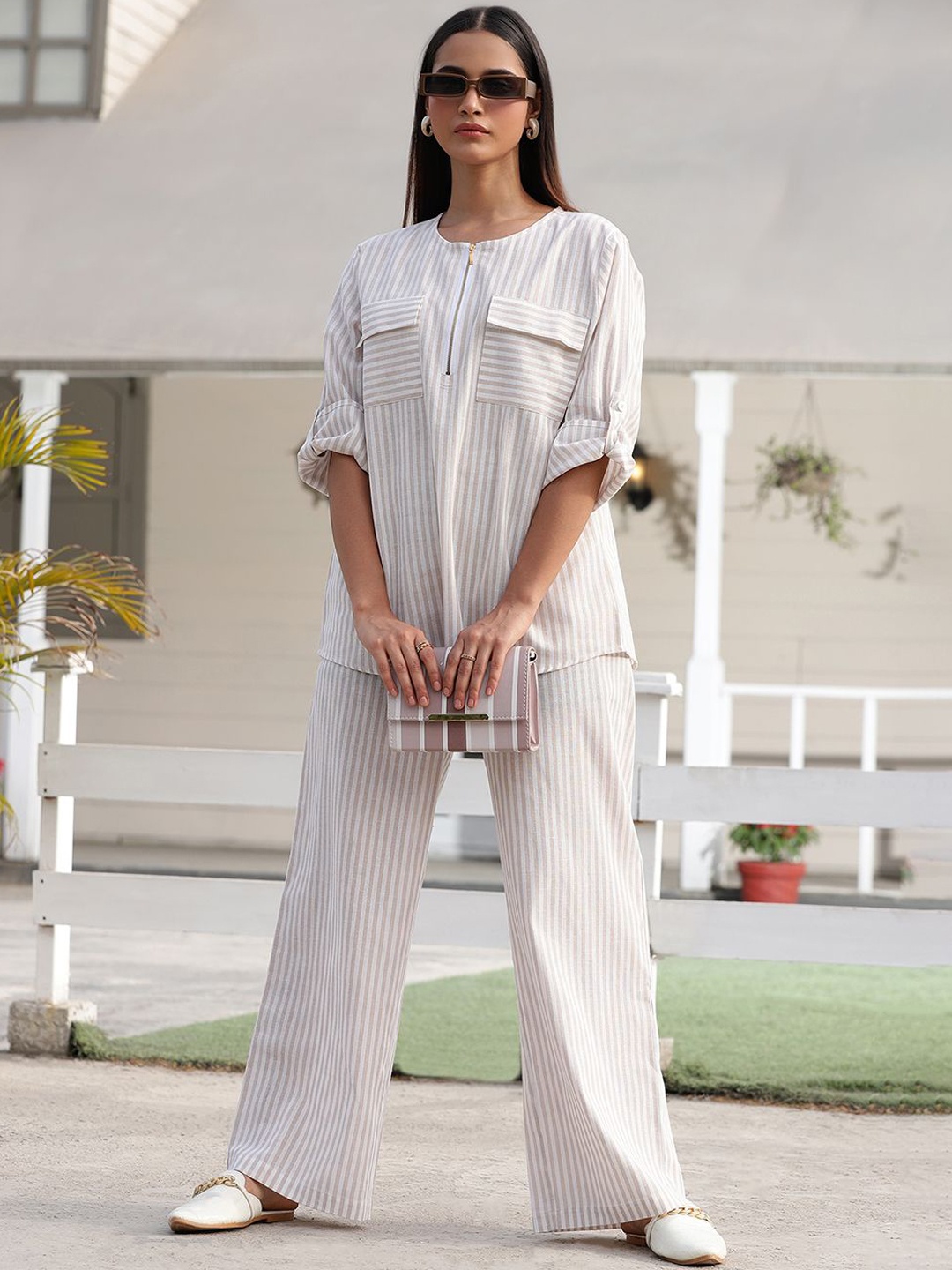 

KALINI Striped Round Neck Pure Cotton Tunic With Trousers, Cream