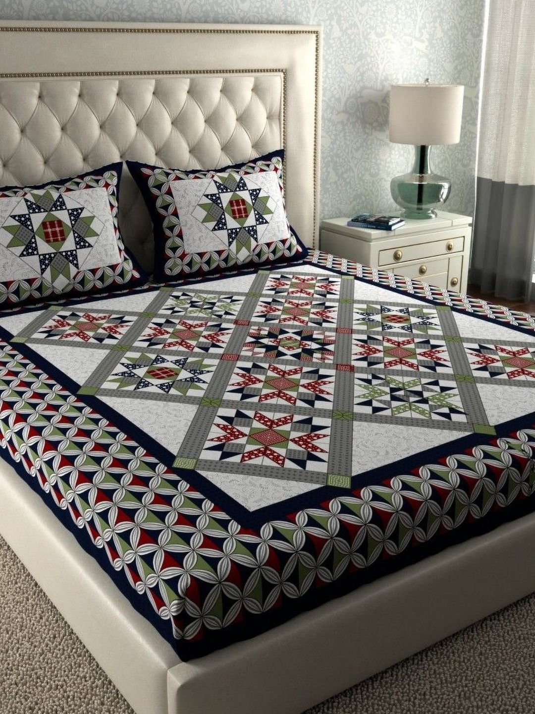 

Lali Prints Blue Geometric 180 TC Cotton Double Queen Bedsheet with 2 Pillow Covers