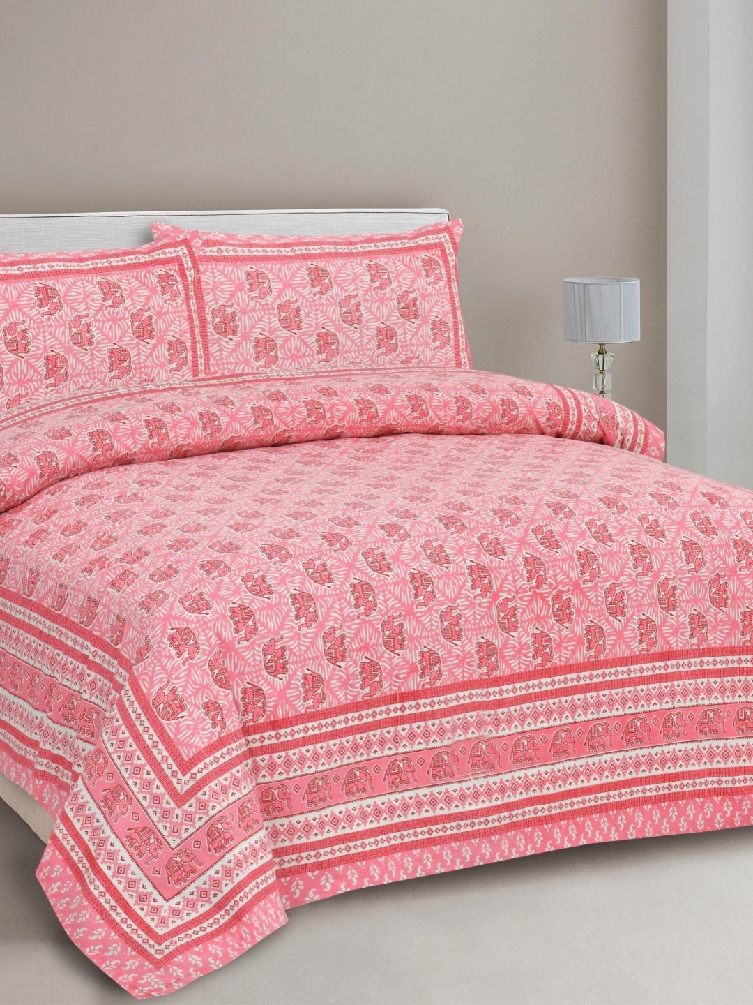 

Lali Prints Pink Ethnic Motifs 210 TC Cotton Double King Bedsheet with 2 Pillow Covers