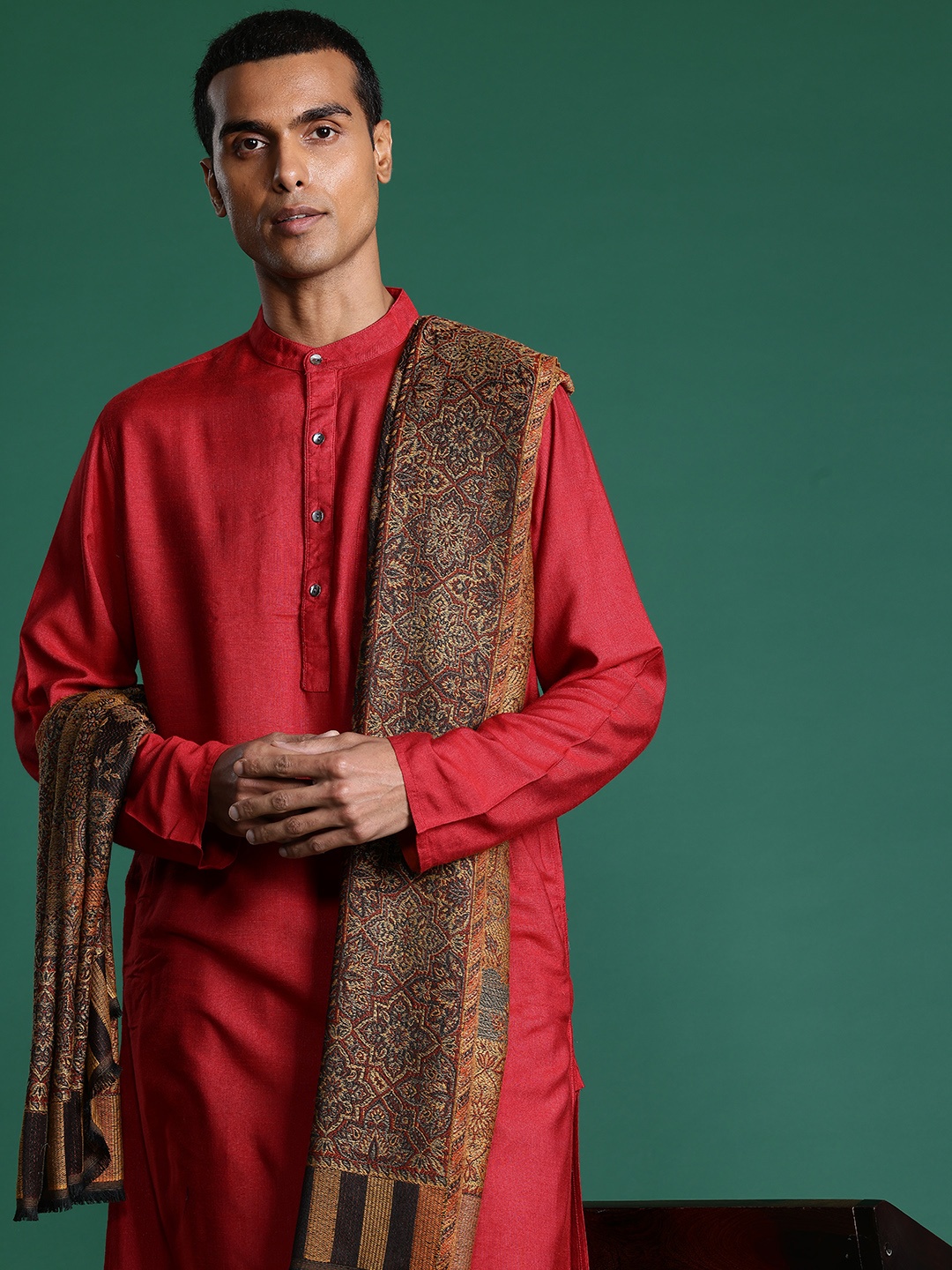 

Sangria Men Ethnic Motifs Woven Design Shawl, Black