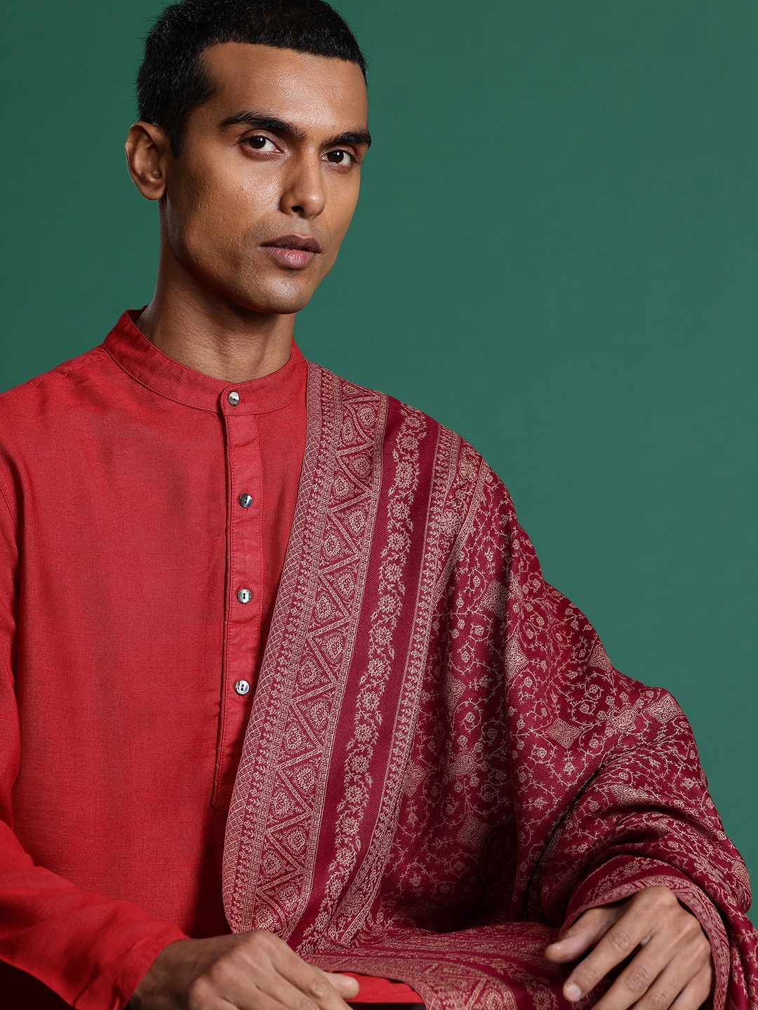 

Sangria Men Ethnic Motifs Woven Design Shawl, Maroon