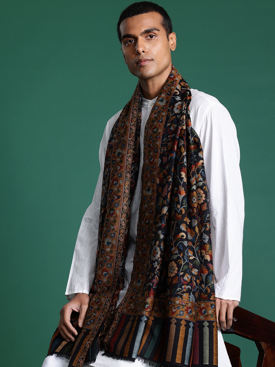 

Sangria Men Floral Woven Design Shawl, Black