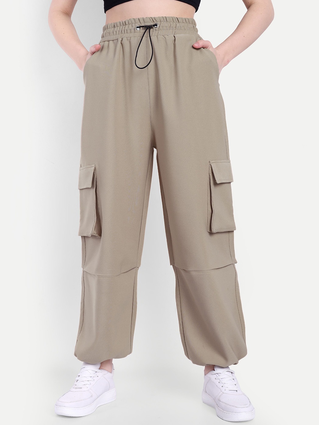 

BROADSTAR Women Baggy-Fit Mid-Rise Cargo Joggers, Beige