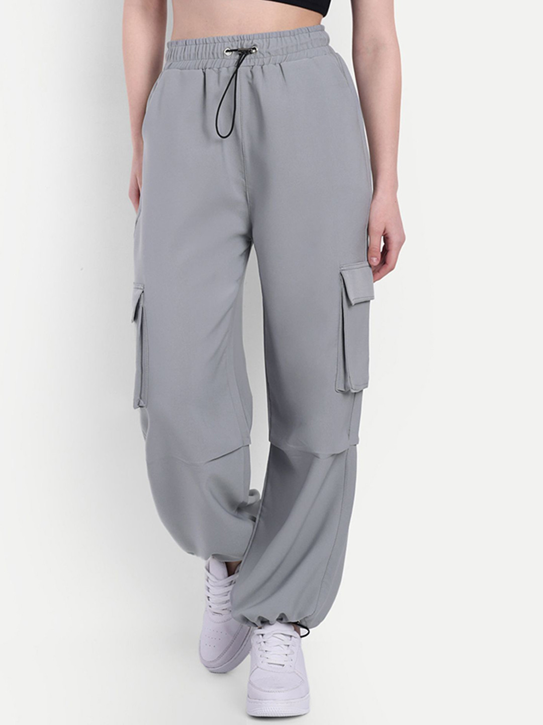 

BROADSTAR Women Baggy-Fit Mid-Rise Cargo Joggers, Grey