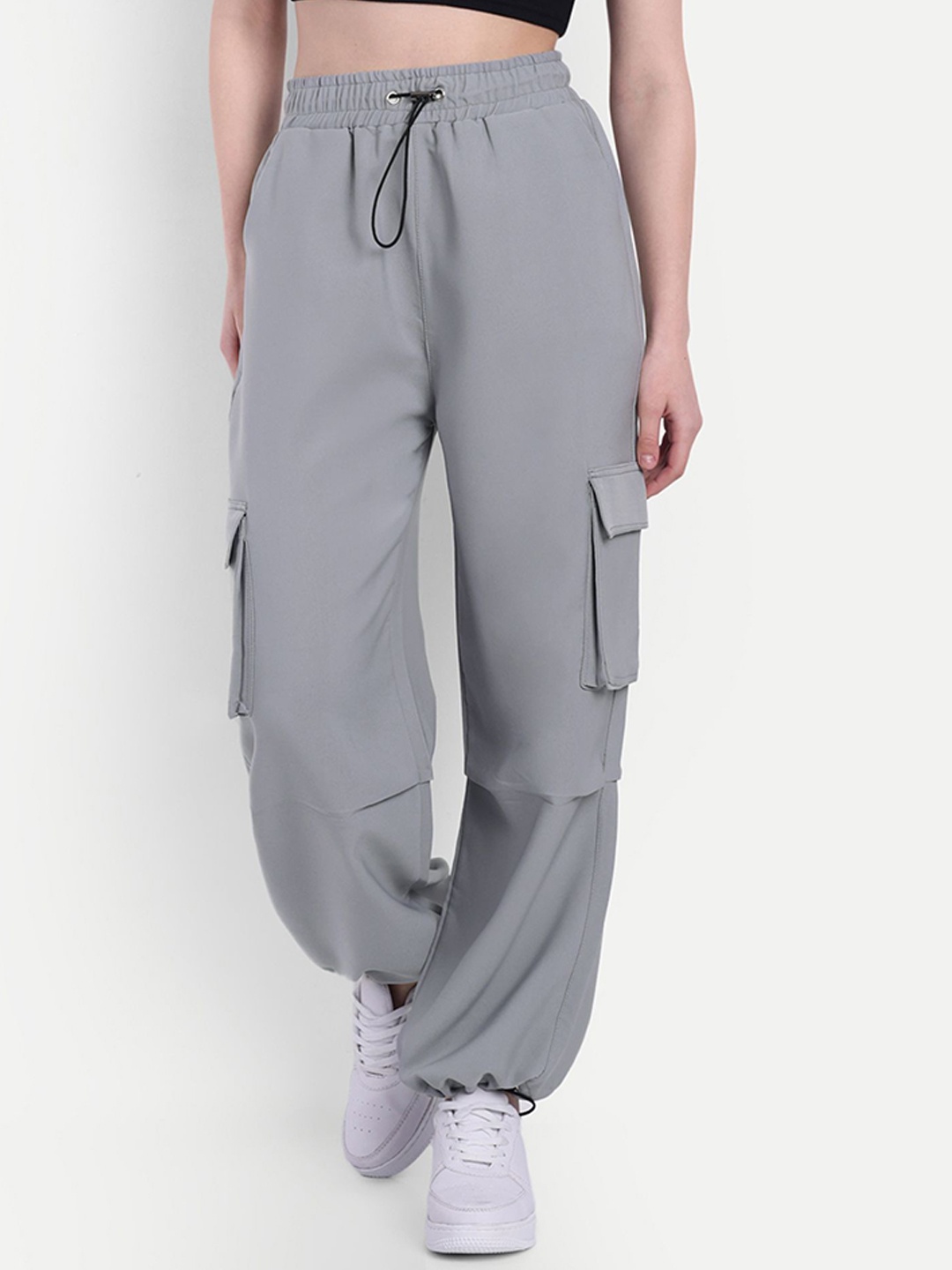 

BROADSTAR Women Baggy-Fit Mid-Rise Cargo Joggers, Grey