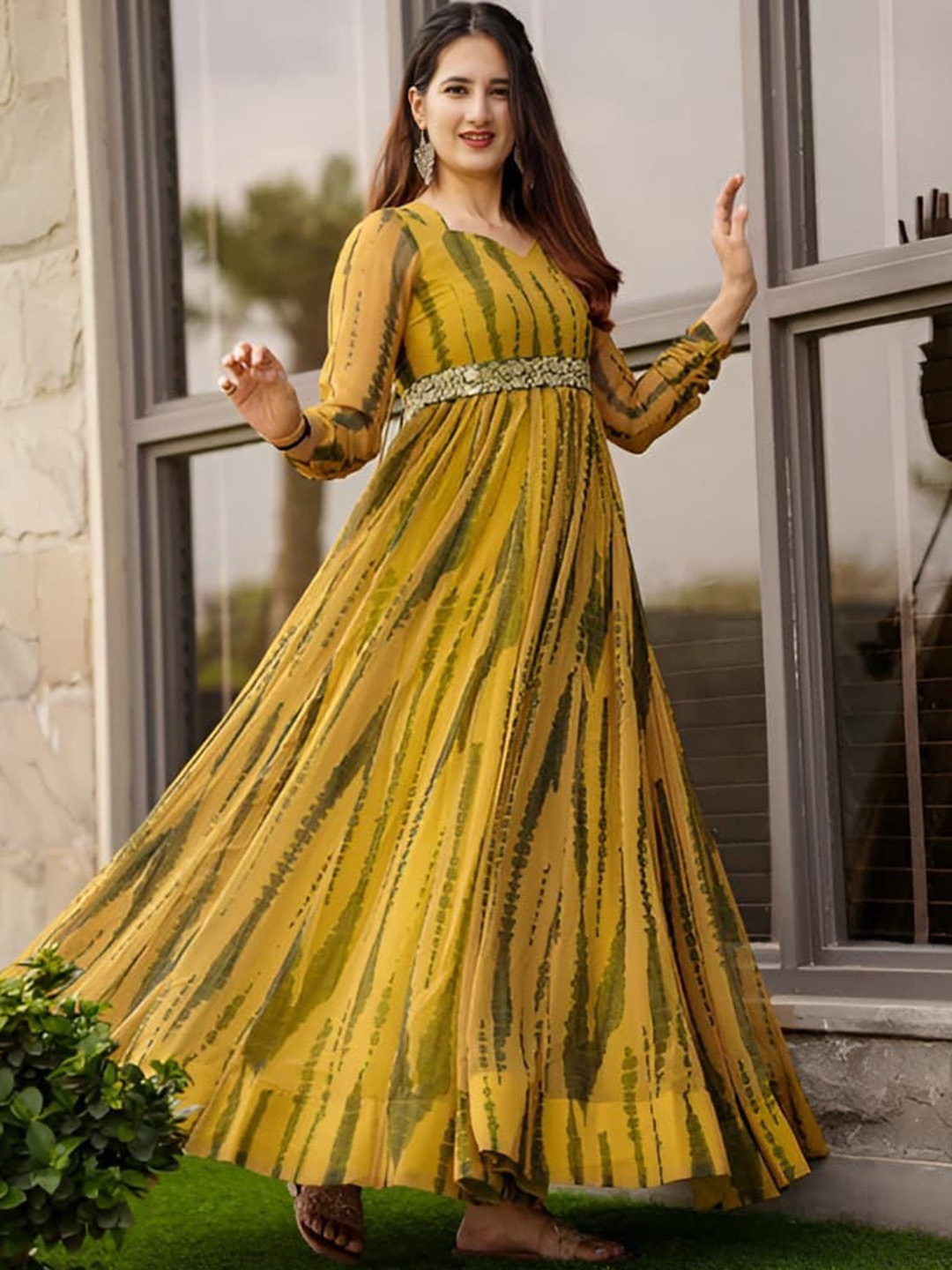 

Kedar Fab Tie & Dye Printed Sweetheart Neck Fit & Flare Maxi Ethnic Dress, Yellow