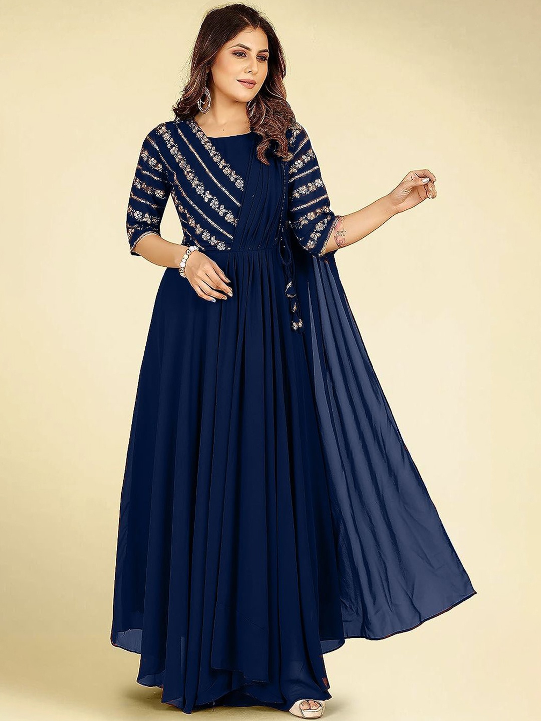 

Kedar Fab Floral Embroidered Fit & Flare Ethnic Dress, Navy blue