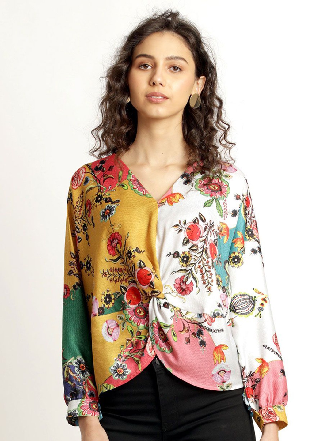

SHAYE Floral Printed V-Neck Twisted Satin Top, White