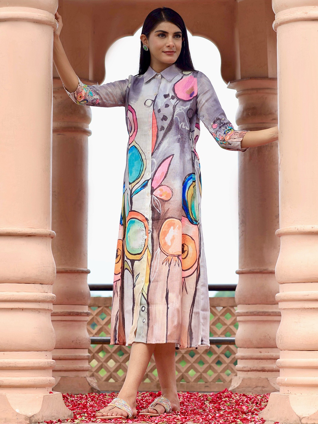 

Libas Women Print Linen Maxi Dress, Grey