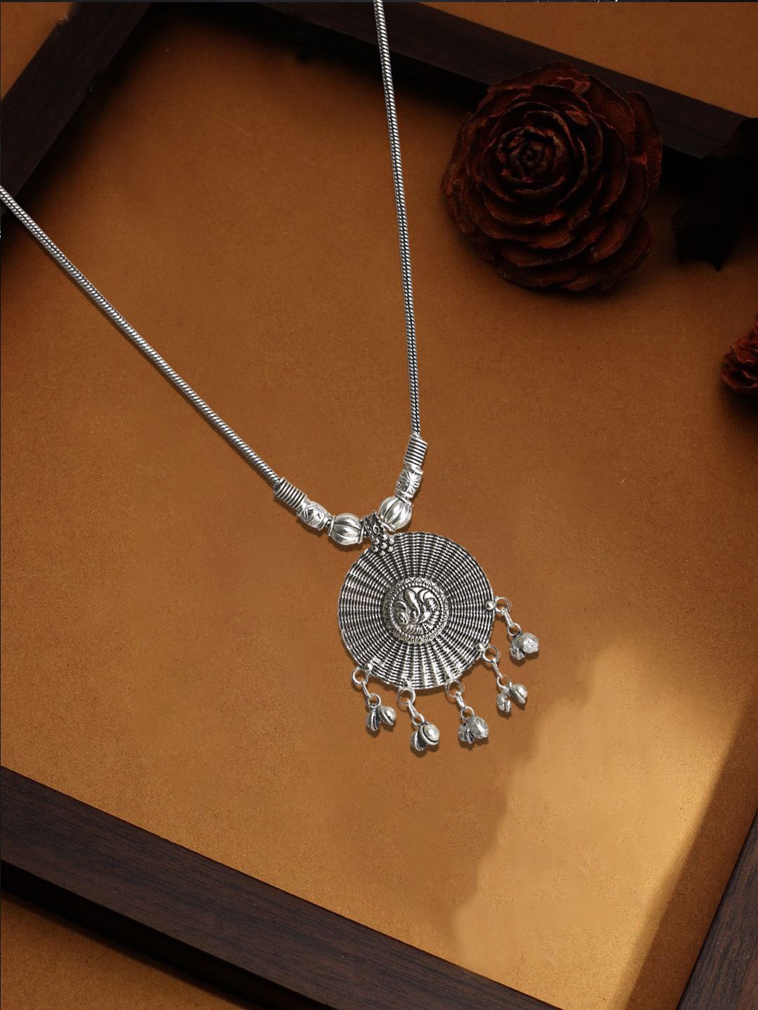 

Adwitiya Silver-Plated Oxidized Ganpati Pendant Necklace