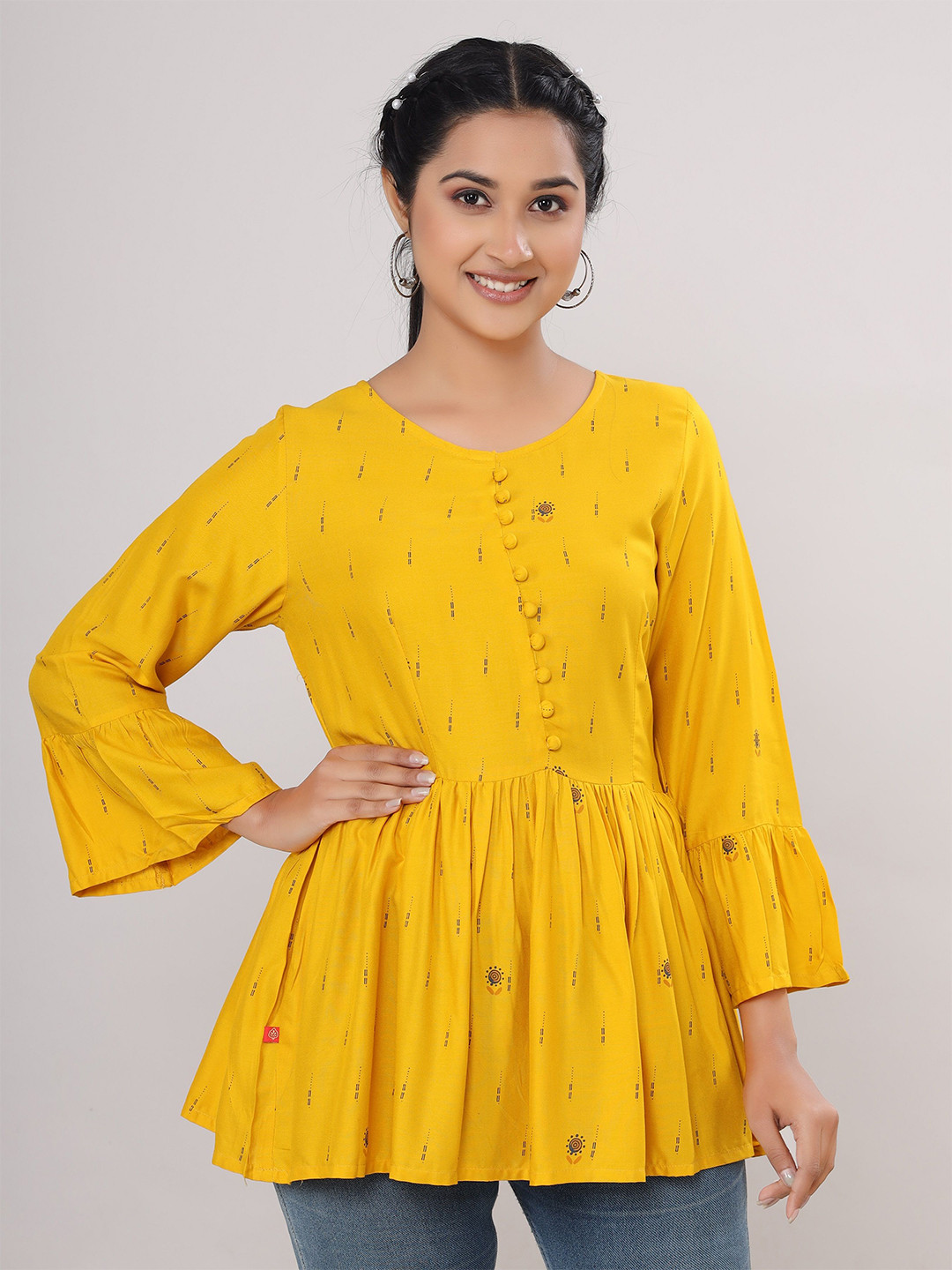 

VASVI Micro Ditsy Printed Longline Peplum Top, Mustard