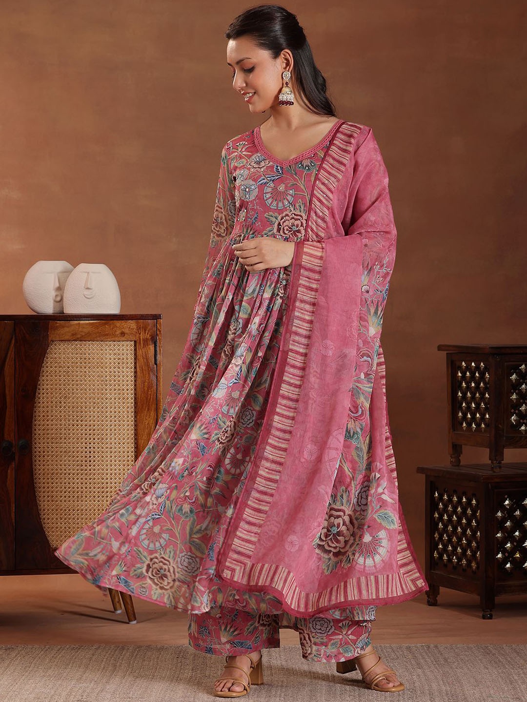 

Libas Floral Printed Pleated Beads & Stones Anarkali Kurta With Palazzos & Dupatta, Mauve