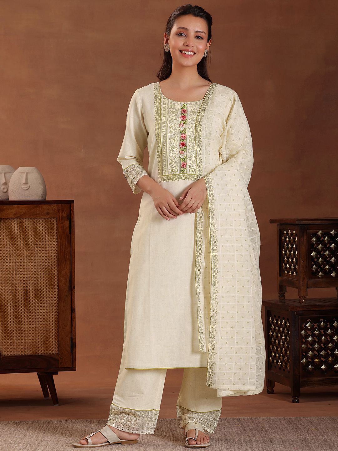 

Libas Floral Yoke Design Round Neck Pure Cotton Straight Kurta with Trousers & Dupatta, Off white
