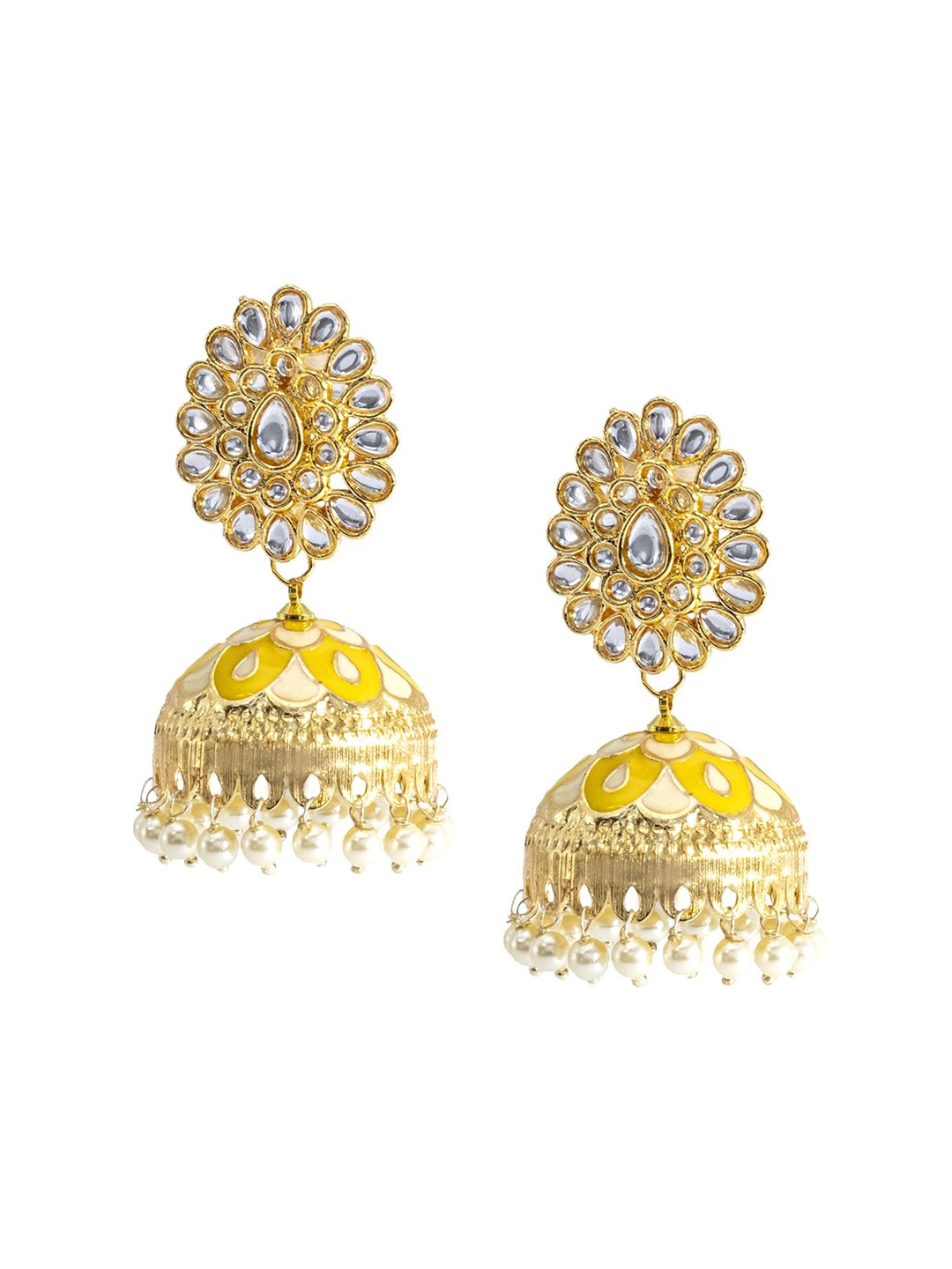 

Shining Jewel - By Shivansh Gold-Plated Cubic Zirconia Contemporary Jhumkas Earrings, Yellow
