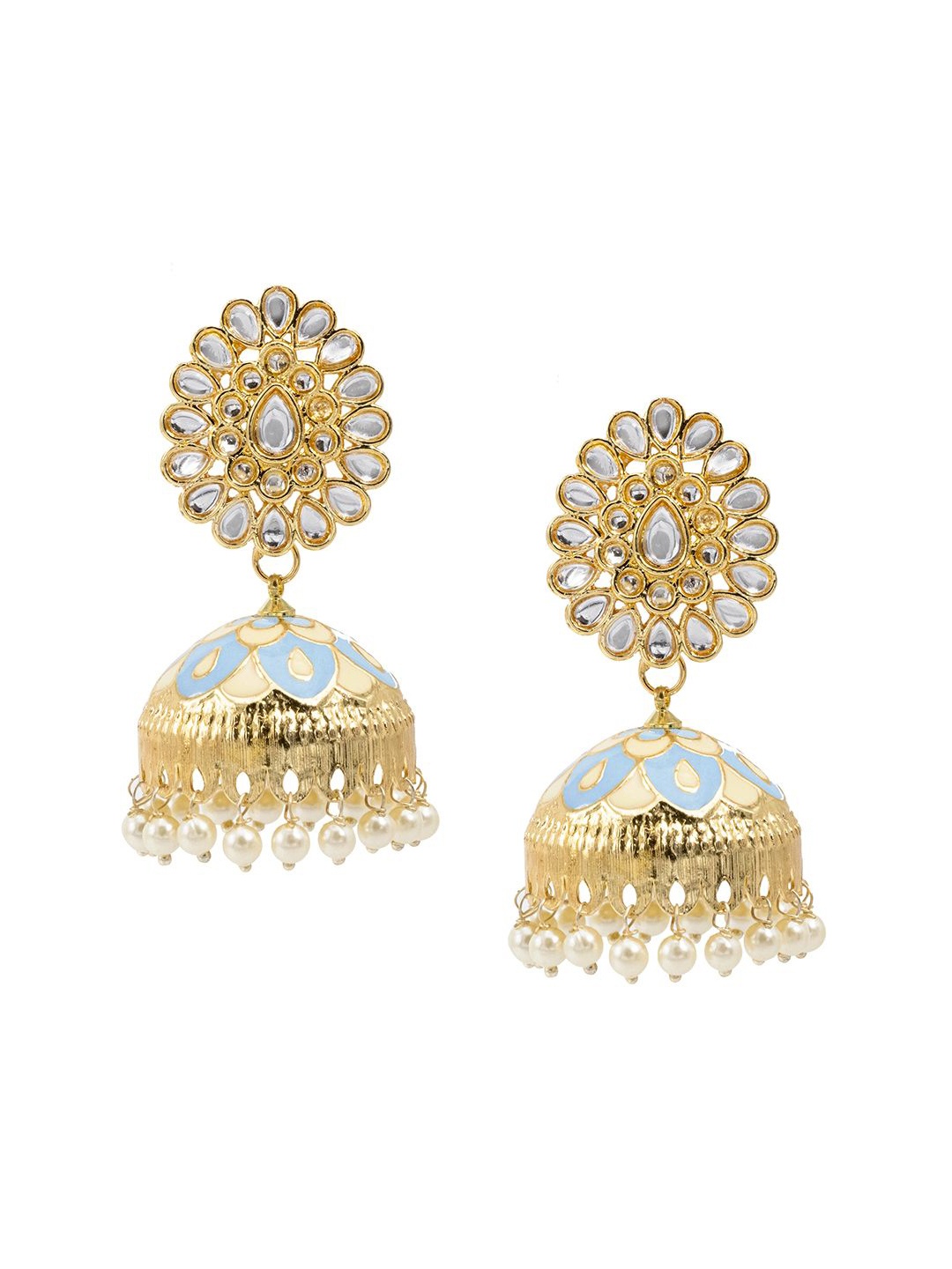 

Shining Jewel - By Shivansh Dome Shaped Cubic Zirconia Gold-Plated Jhumkas, Blue
