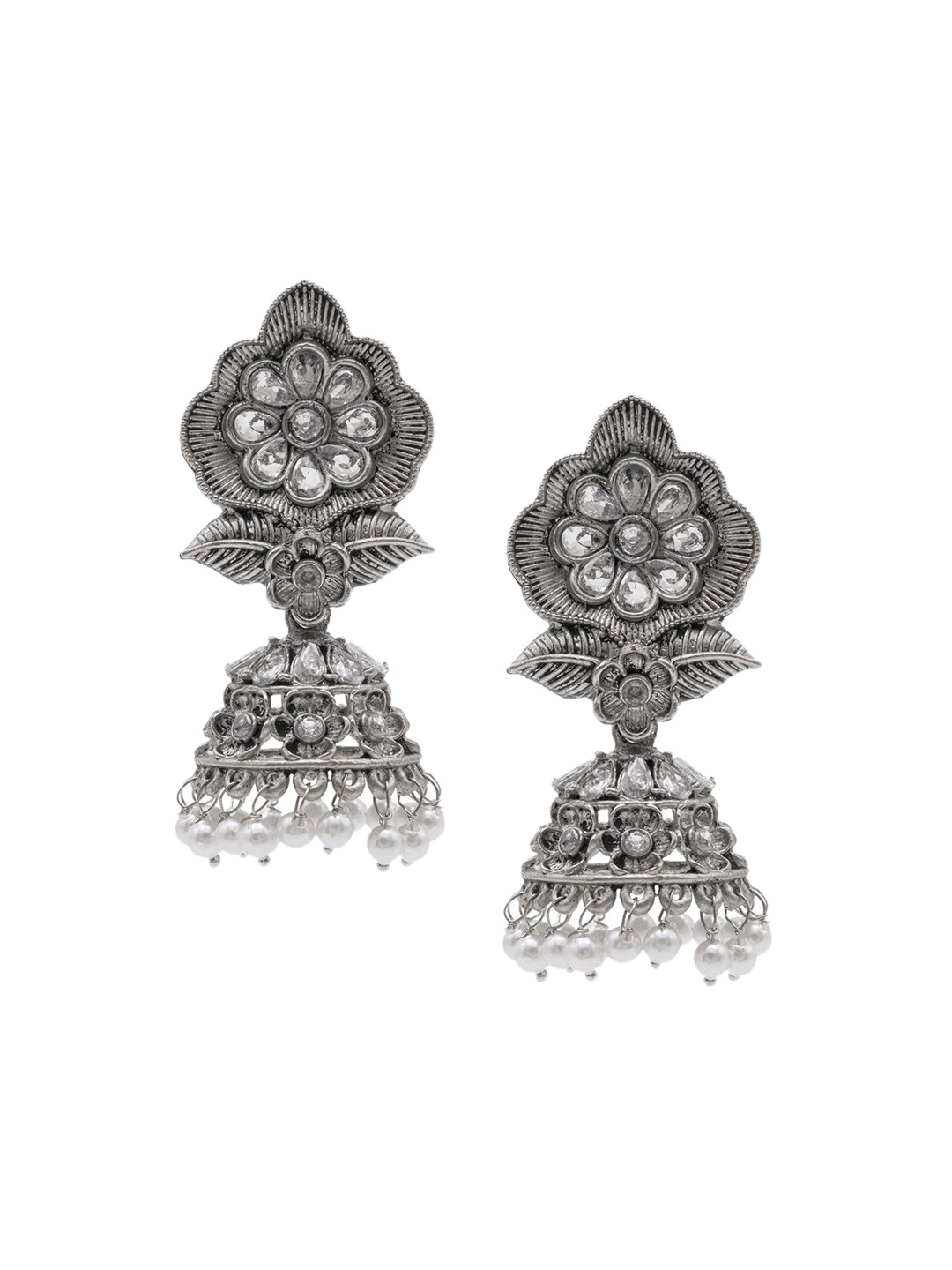 

Shining Jewel - By Shivansh Silver Plated Cubic Zirconia Dome Shaped Oxidised Jhumkas