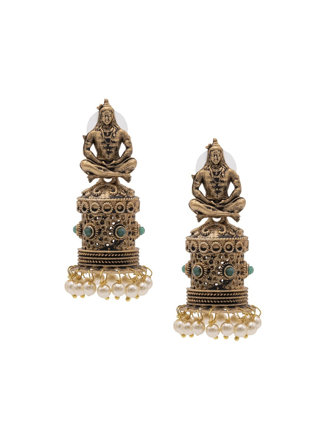 

Shining Jewel - By Shivansh Gold Plated Cubic Zirconia Studed Oxidised Temple Jhumkas, Green