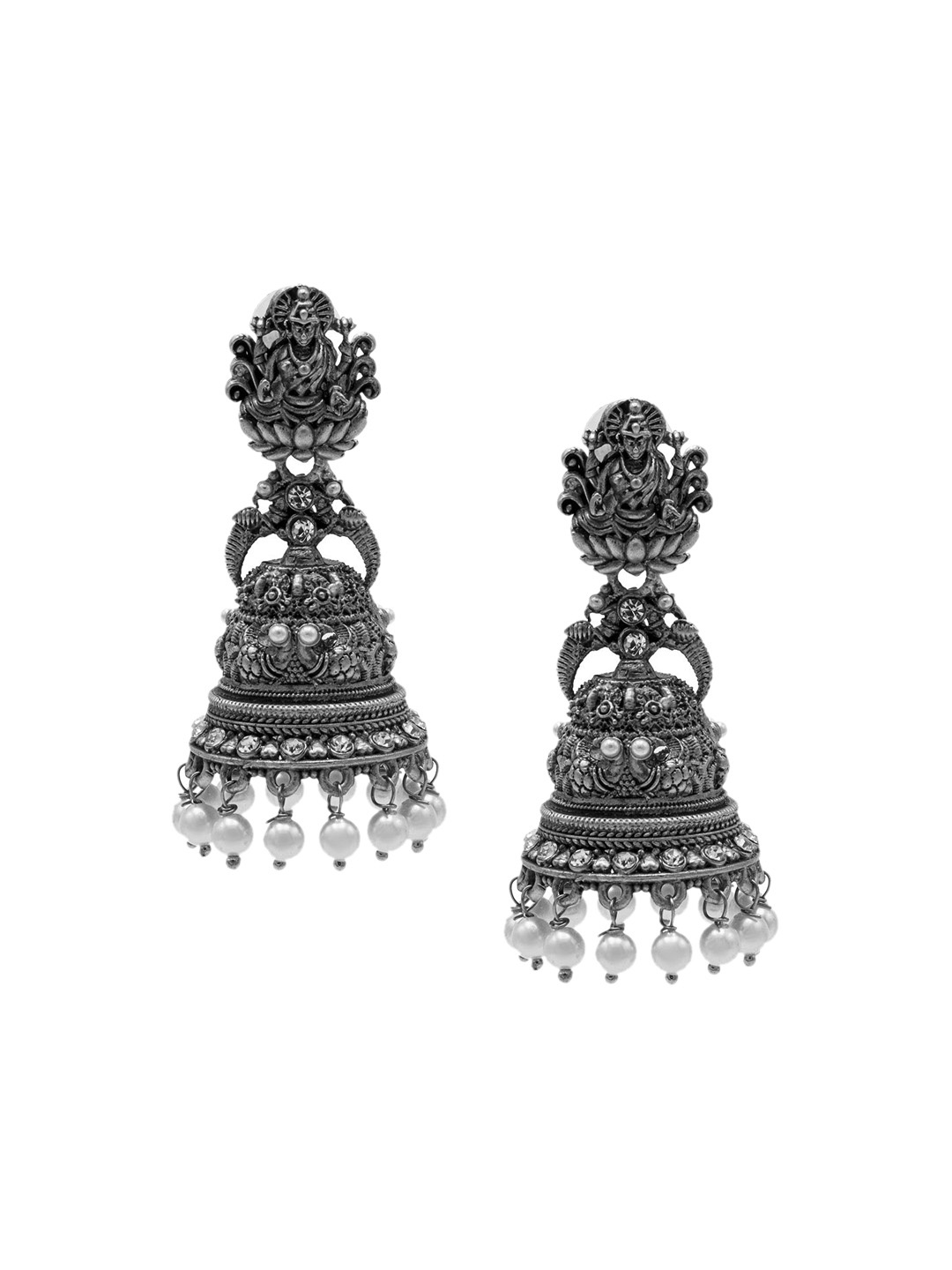 

Shining Jewel - By Shivansh Silver-Plated Dome Shaped Cubic Zirconia Jhumkas, White
