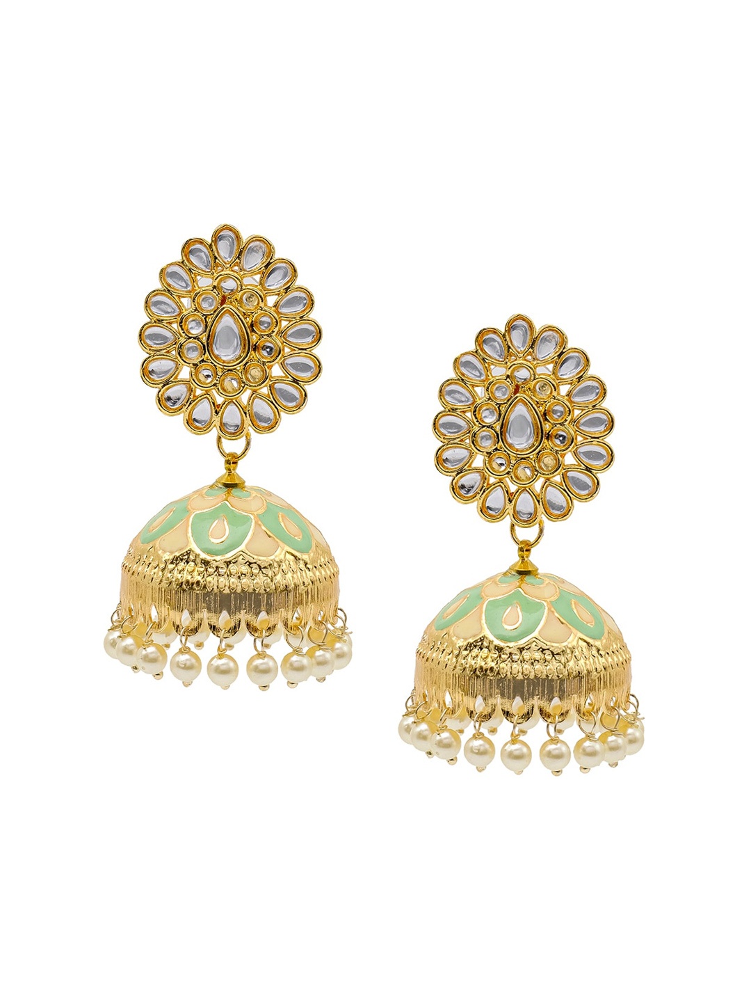 

Shining Jewel - By Shivansh Gold-Plated Cubic Zirconia Dome Shaped Meenakari Jhumkas