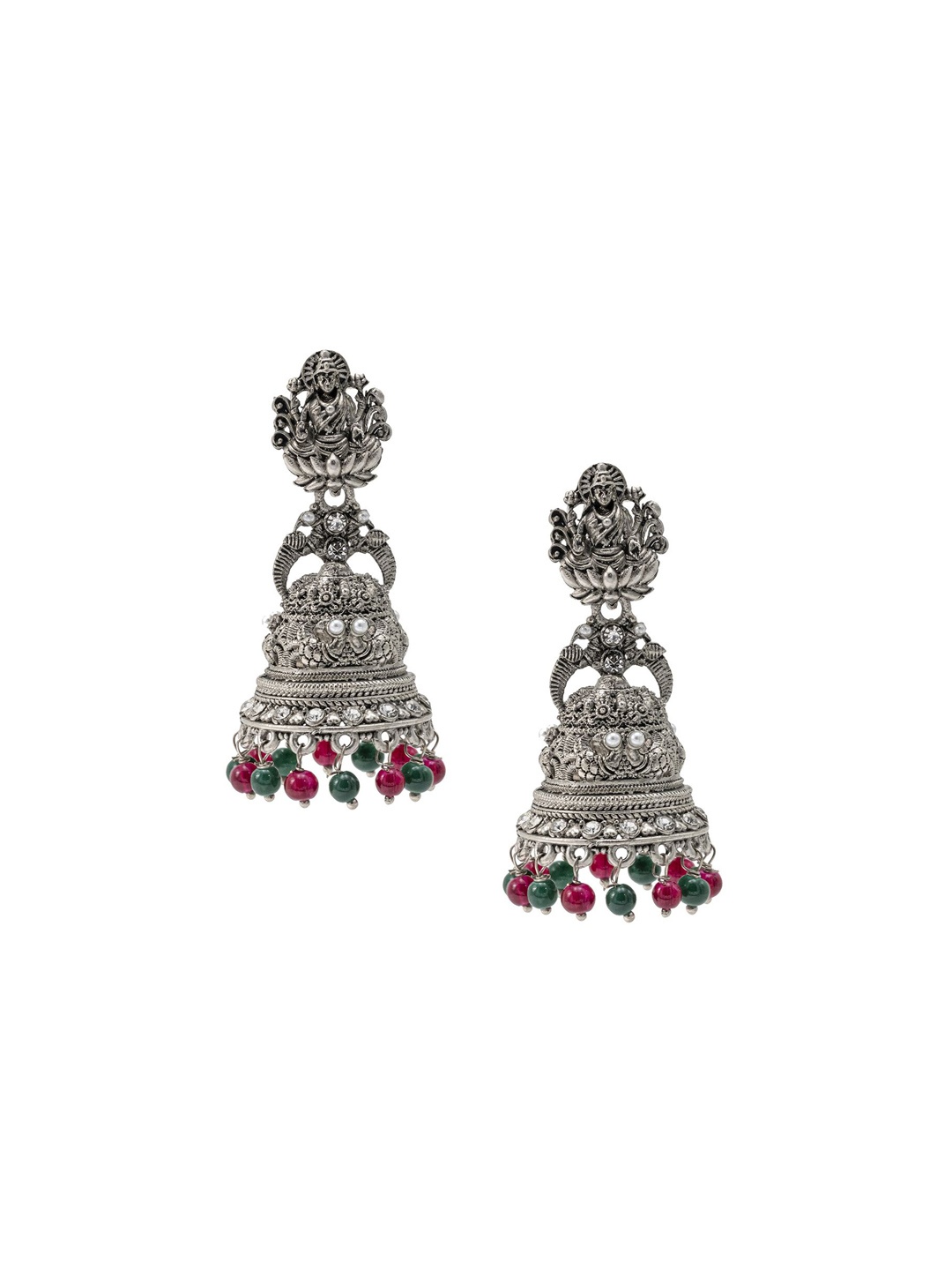 

Shining Jewel - By Shivansh Silver-Plated Cubic Zirconia Dome Shaped Jhumkas, Red