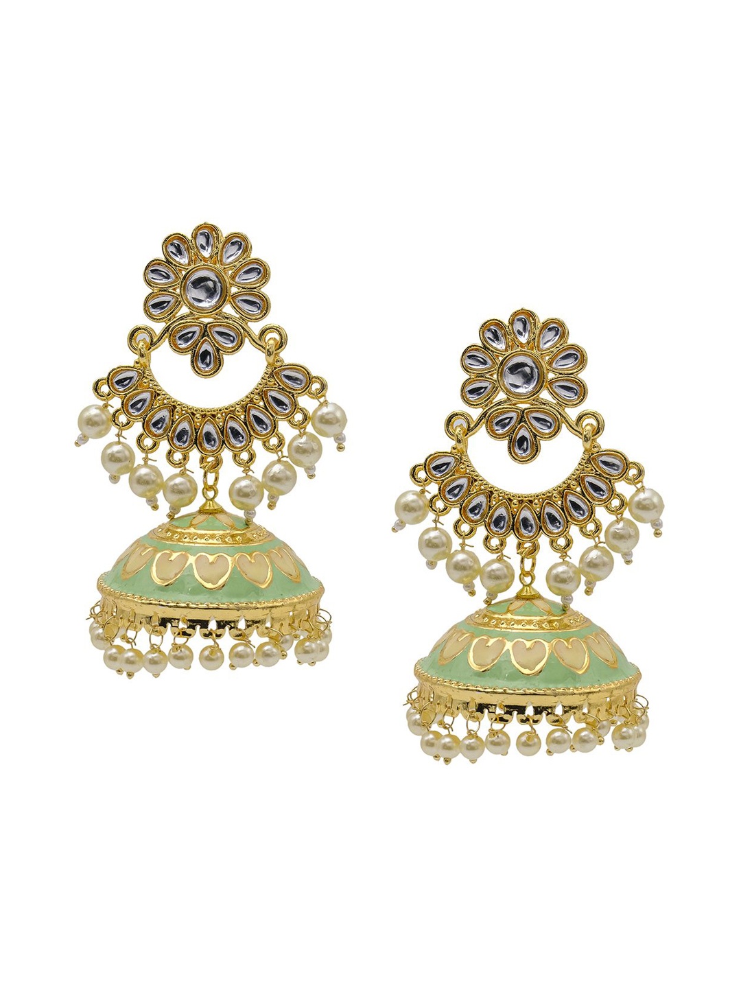 

Shining Jewel - By Shivansh Gold Plated Cubic Zirconia Studed Jhumkas, Lime green