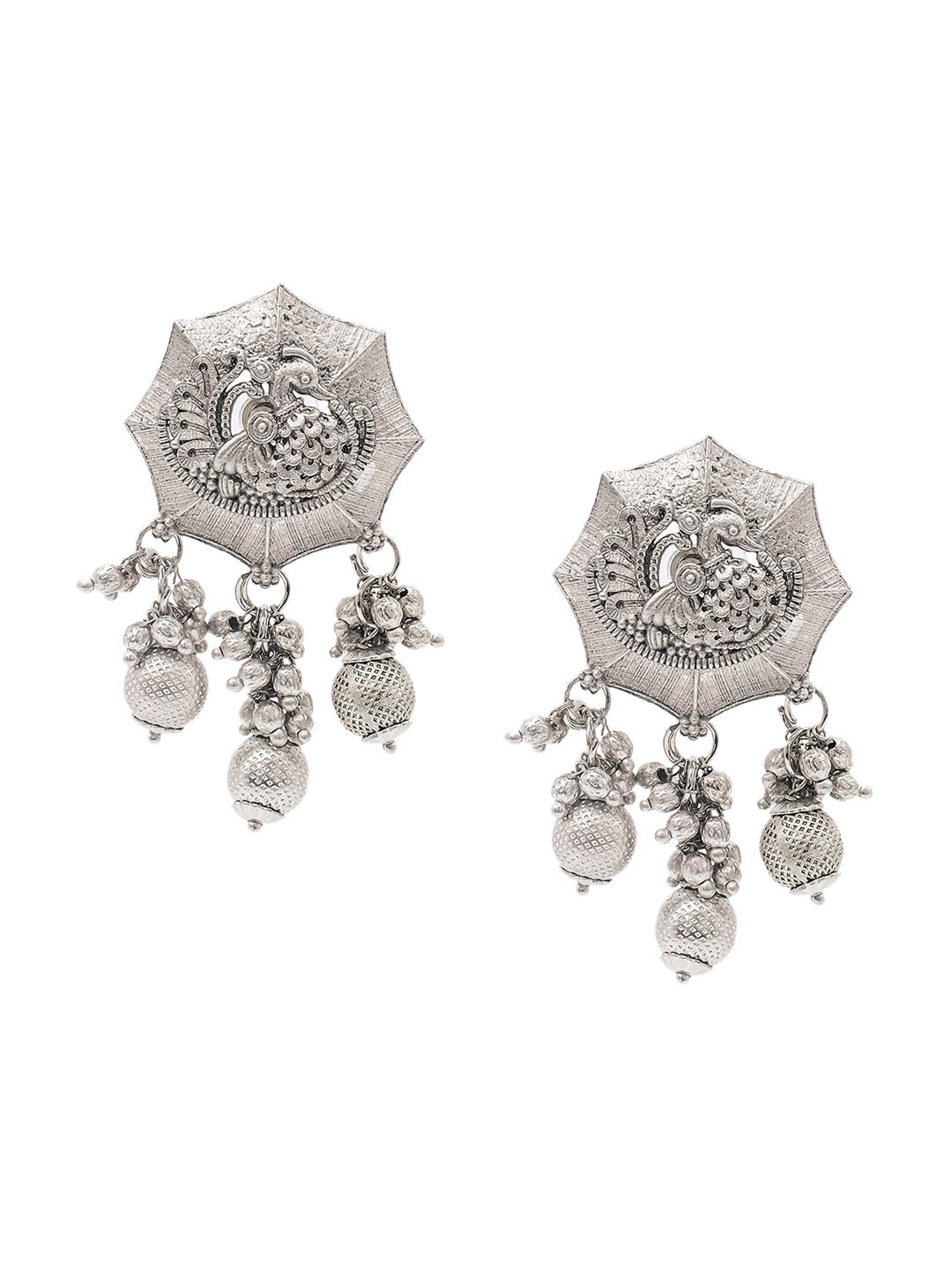 

Shining Jewel - By Shivansh Silver Plated Oxidised Peacock Design Drop Earrings