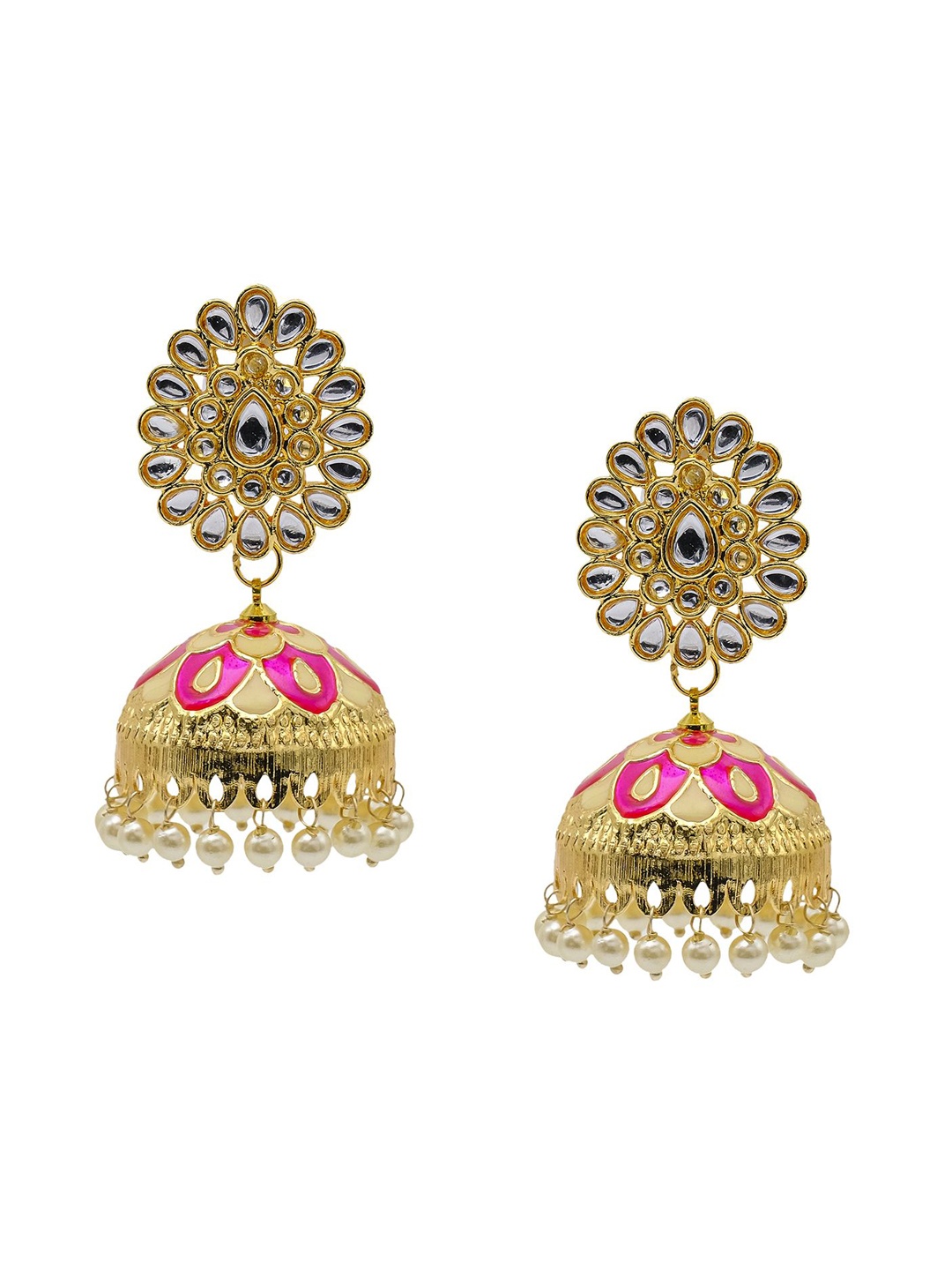 

Shining Jewel - By Shivansh Gold-Plated Dome Shaped Jhumkas, Pink