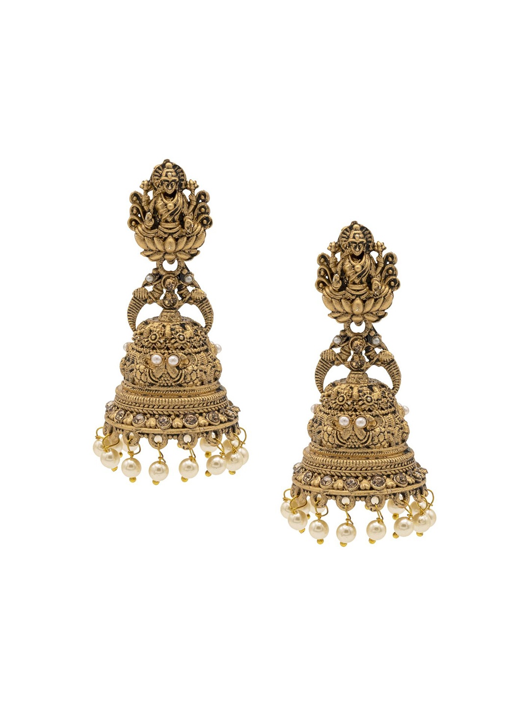 

Shining Jewel - By Shivansh Gold-Plated Brass Artificial Beads Temple Jhumkas Earrings, Beige