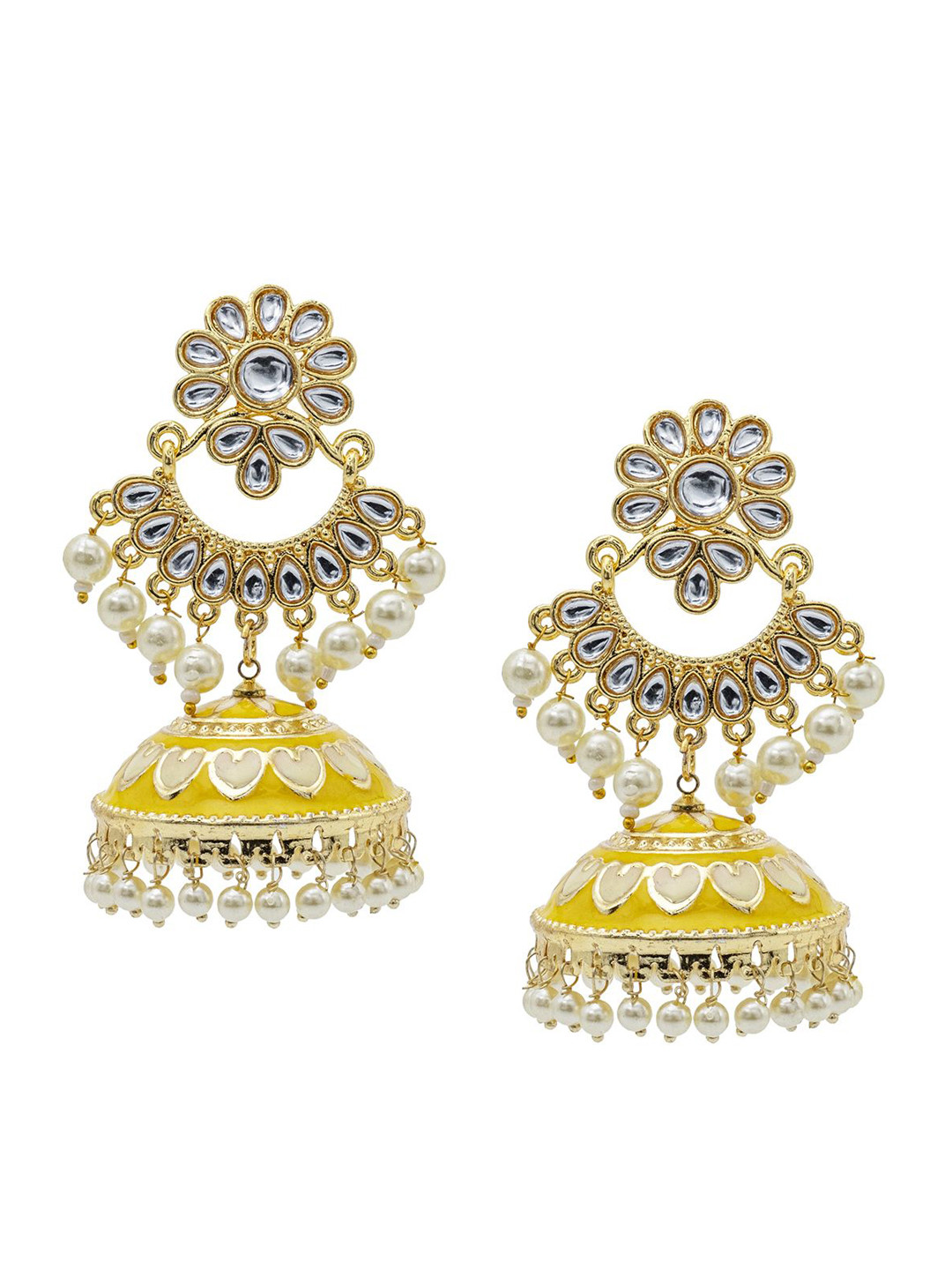 

Shining Jewel - By Shivansh Gold-Plated Kundan Cubic Zirconia Contemporary Jhumkas, Yellow