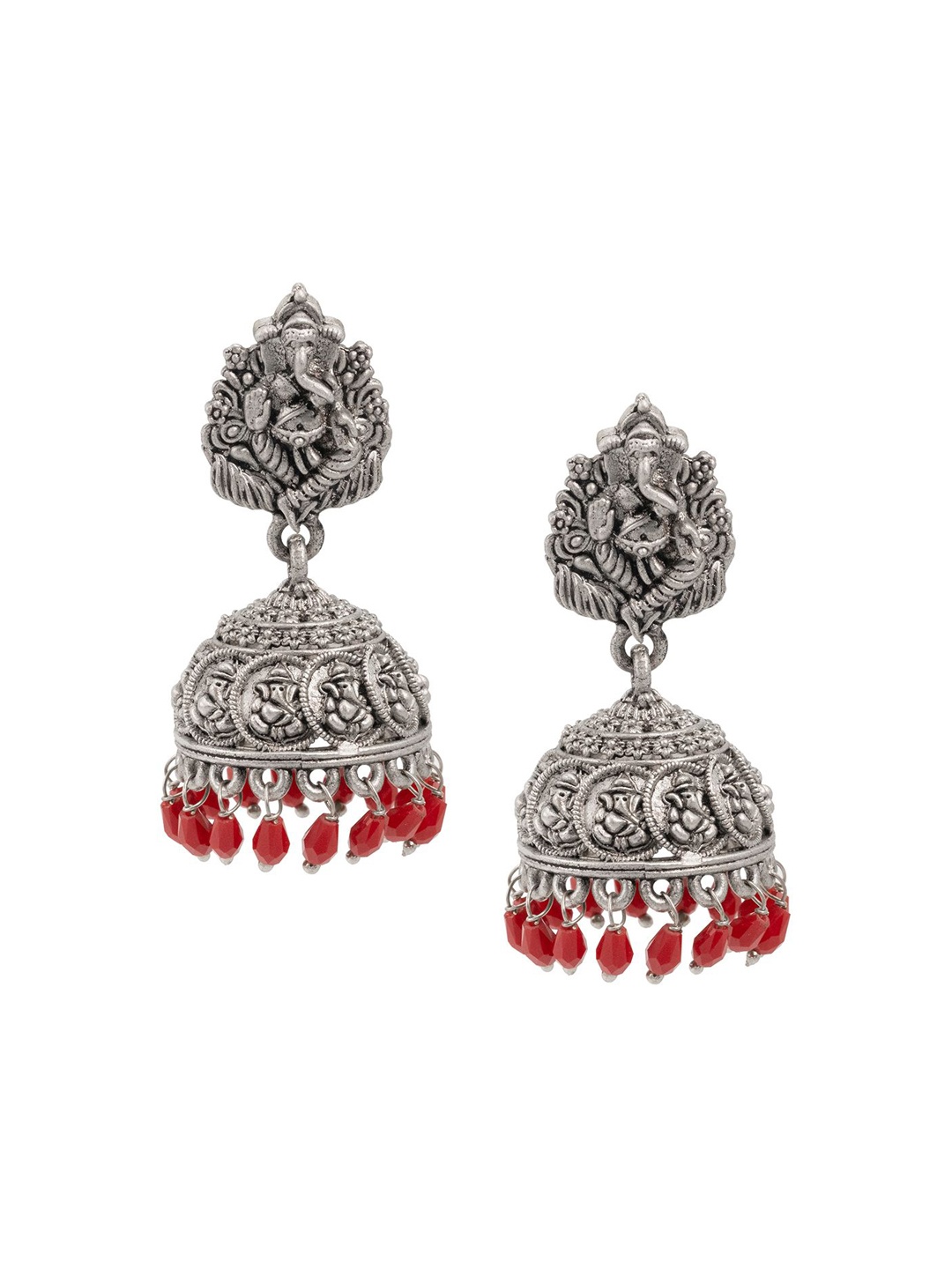 

Shining Jewel - By Shivansh Silver-Plated Silver Oxidised Jhumkas Earrings, Maroon