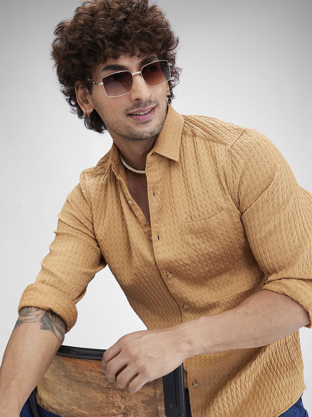 

VASTRADO Men Eccentric Patterned Cotton Shirt, Bronze