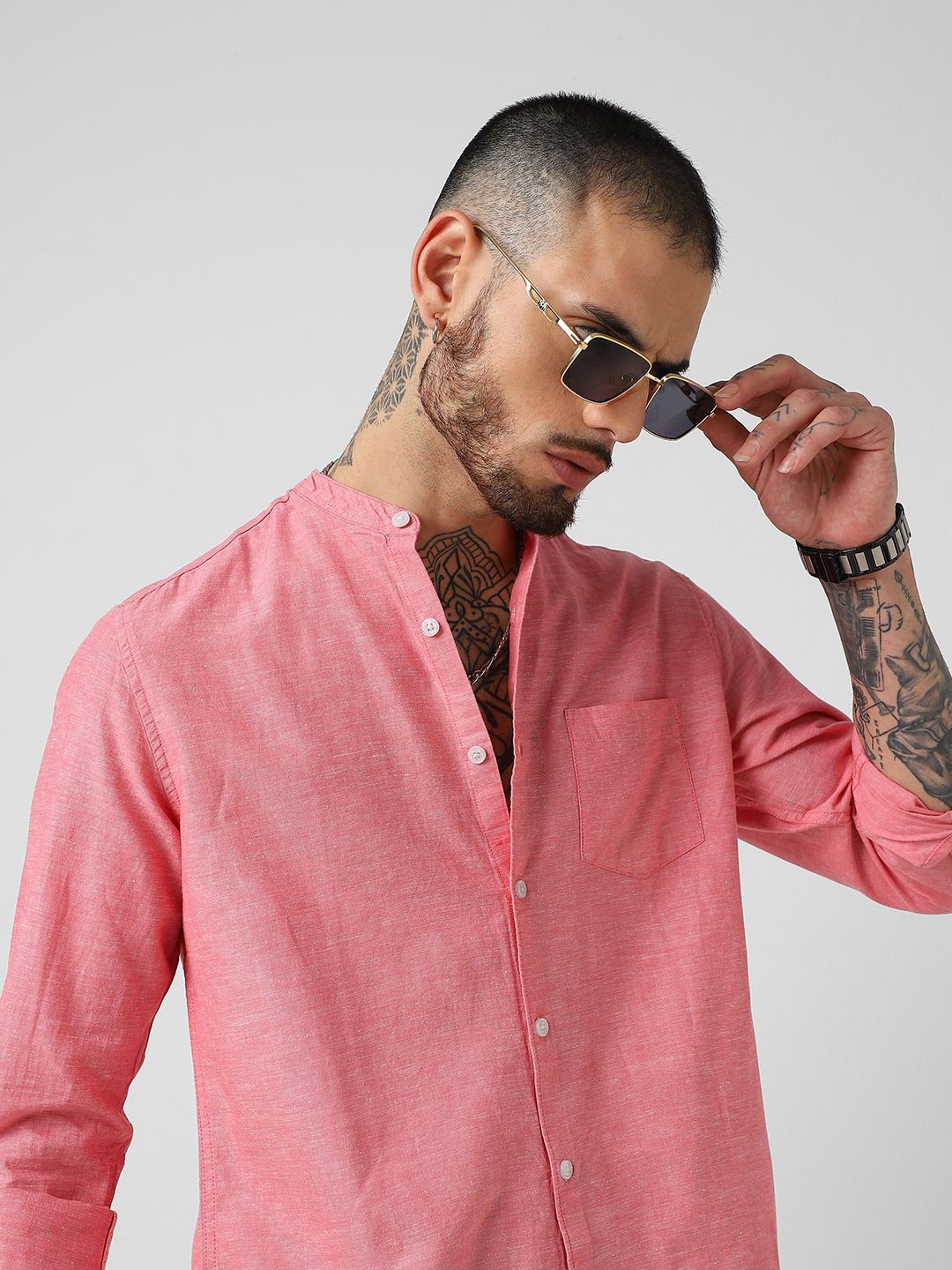 

VASTRADO Men Textured Mandarin Collar Cotton Shirt, Pink