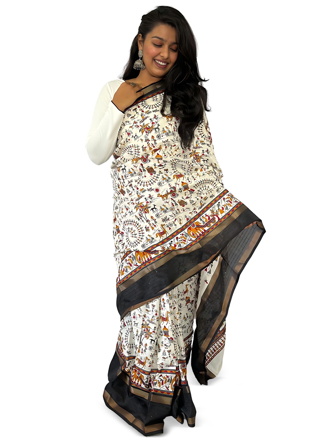 

Sanwariya Silk Kalamkari Sequinned Chanderi Saree, Black