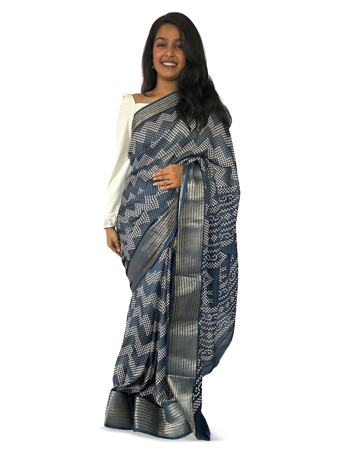 

Sanwariya Silk Printed Zari Chanderi Saree, Navy blue