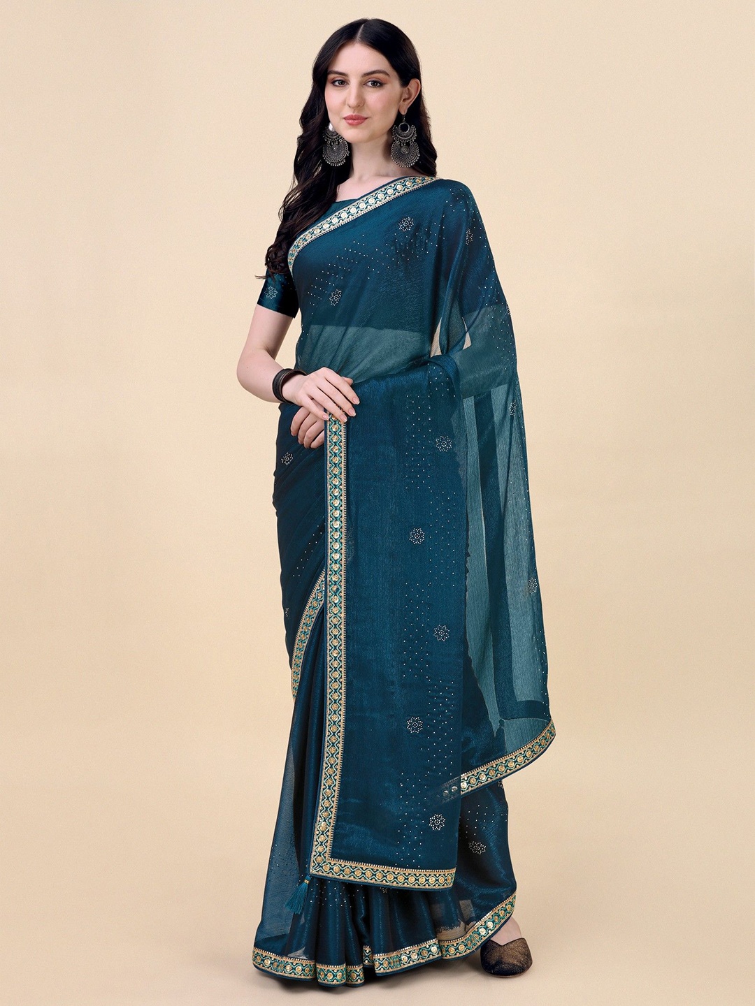 

HERE&NOW Embellished Sequinned Saree With Blouse Piece, Teal