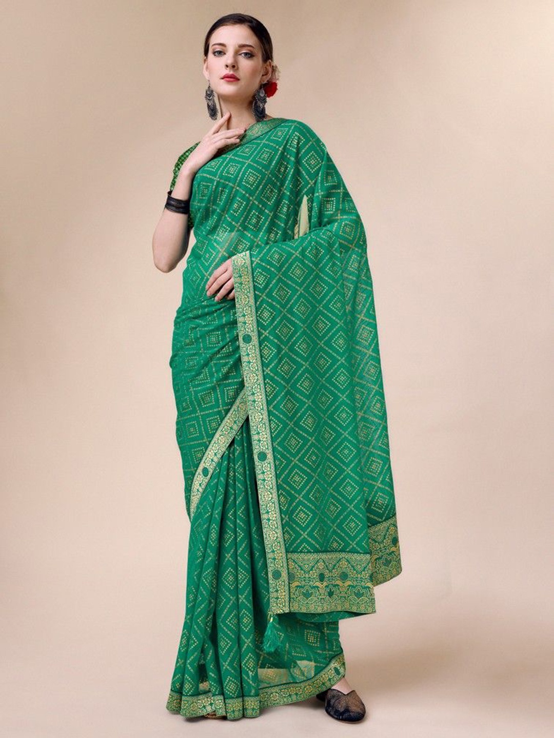 

HERE&NOW Bandhani Pure Chiffon Saree, Green