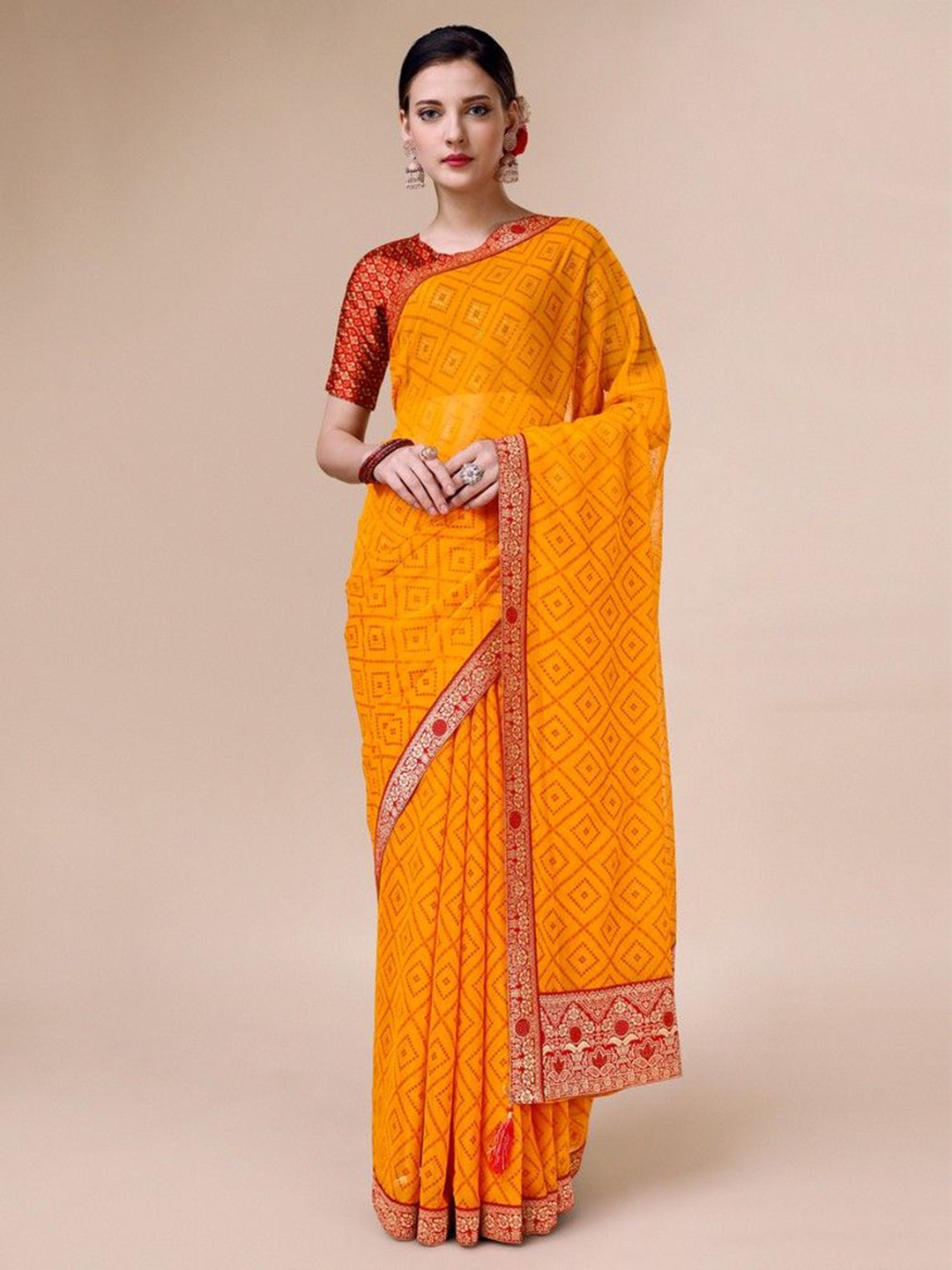 

HERE&NOW Bandhani Embroidered Pure Chiffon Saree, Yellow