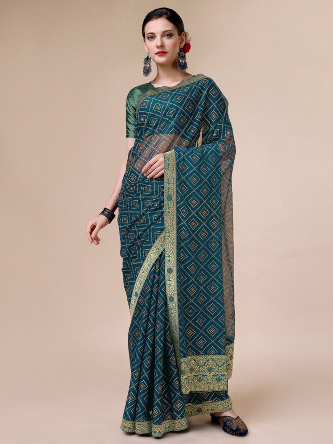 

HERE&NOW Floral Sequinned Pure Chiffon Saree, Teal