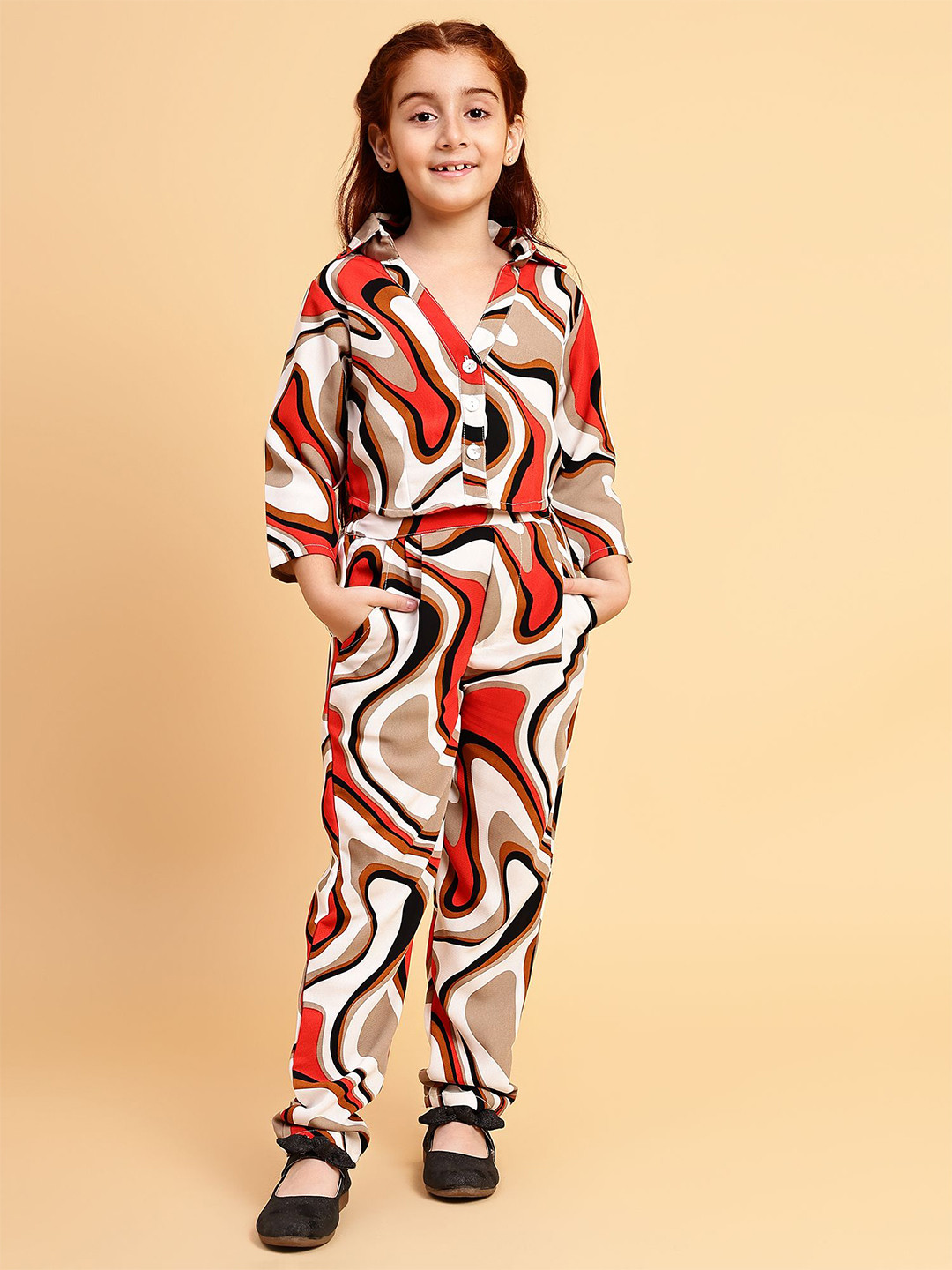 

YK Girls Printed Shirt With Trousers, Beige