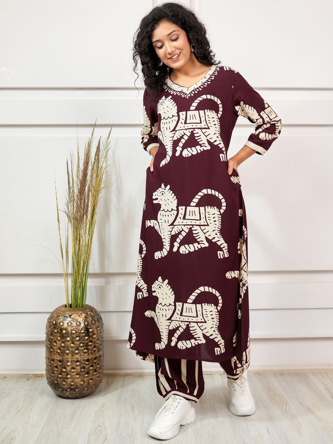 

KALINI Ethnic Motifs Printed Regular Kantha Work Kurta & Salwar, Maroon