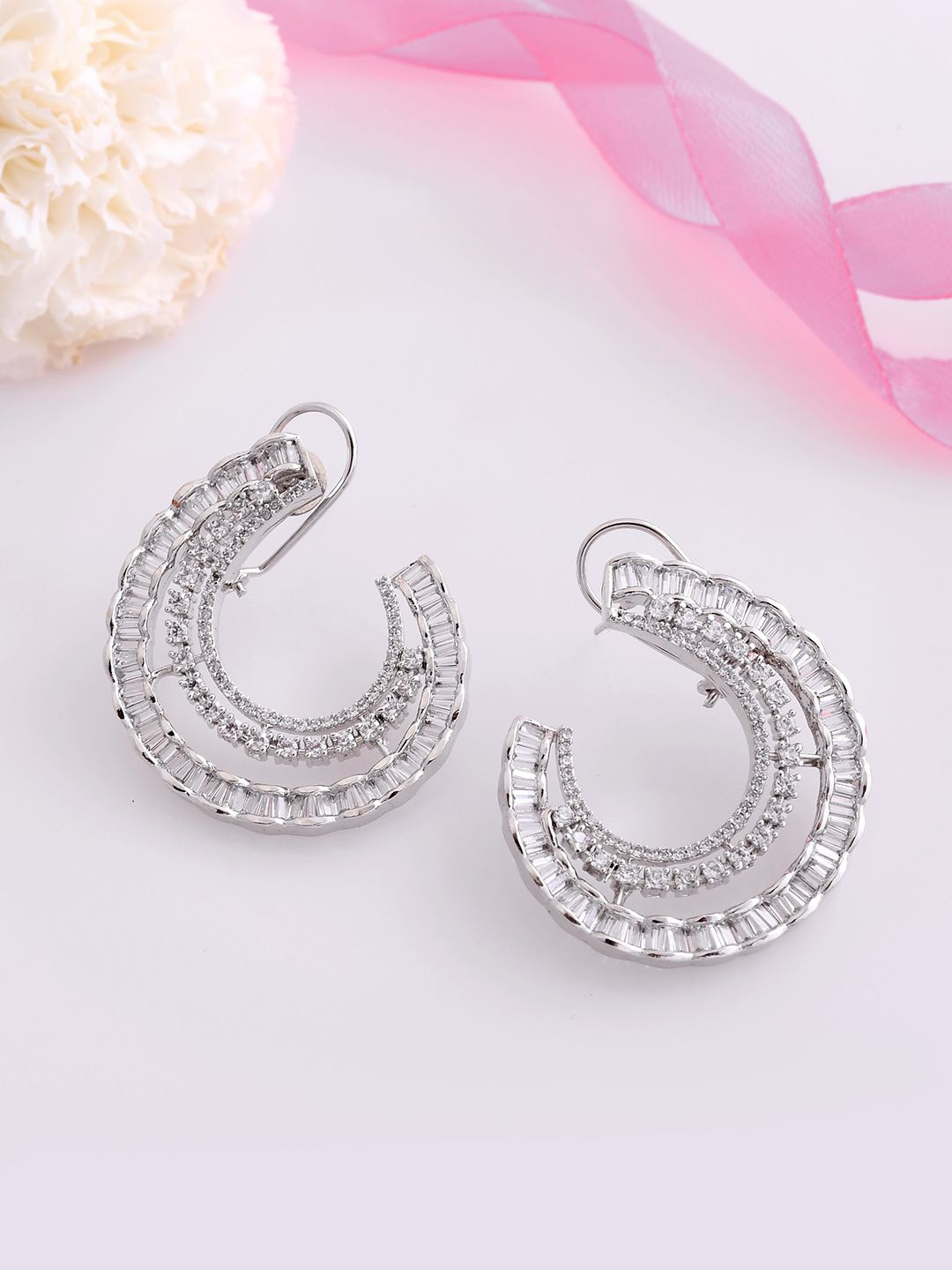 

Voylla Rhodium-Plated Contemporary Cubic Zirconia Half Hoop Earrings, Silver