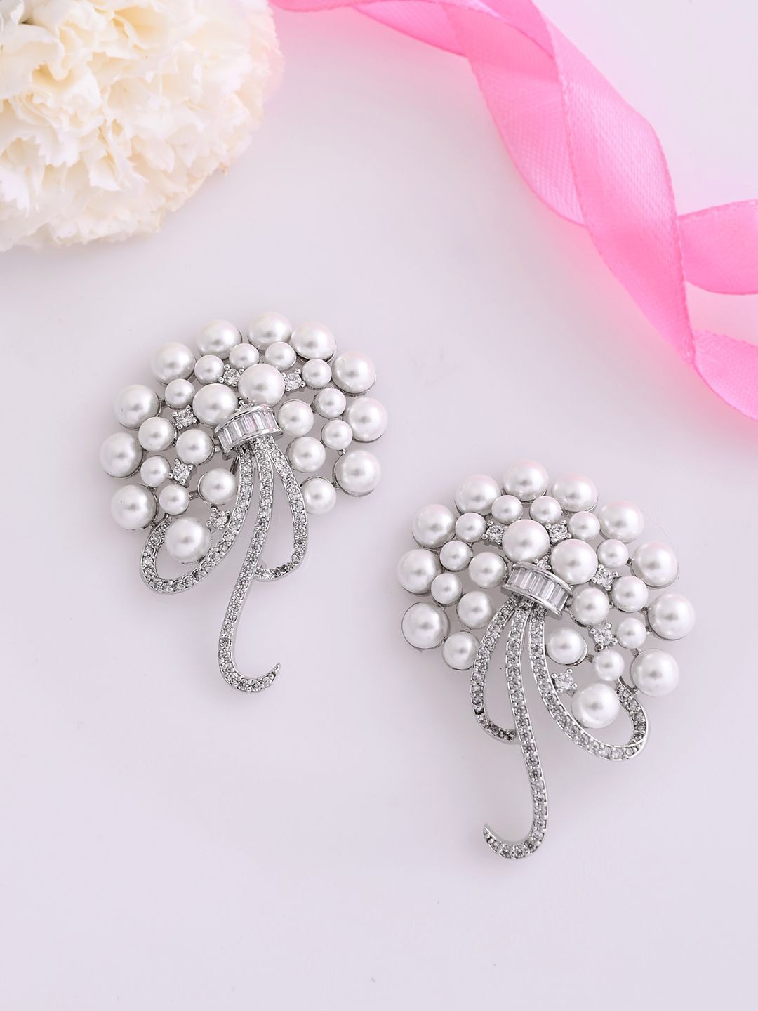 

Voylla Rhodium-Plated Contemporary Cubic Zirconia Studded Earrings, Silver