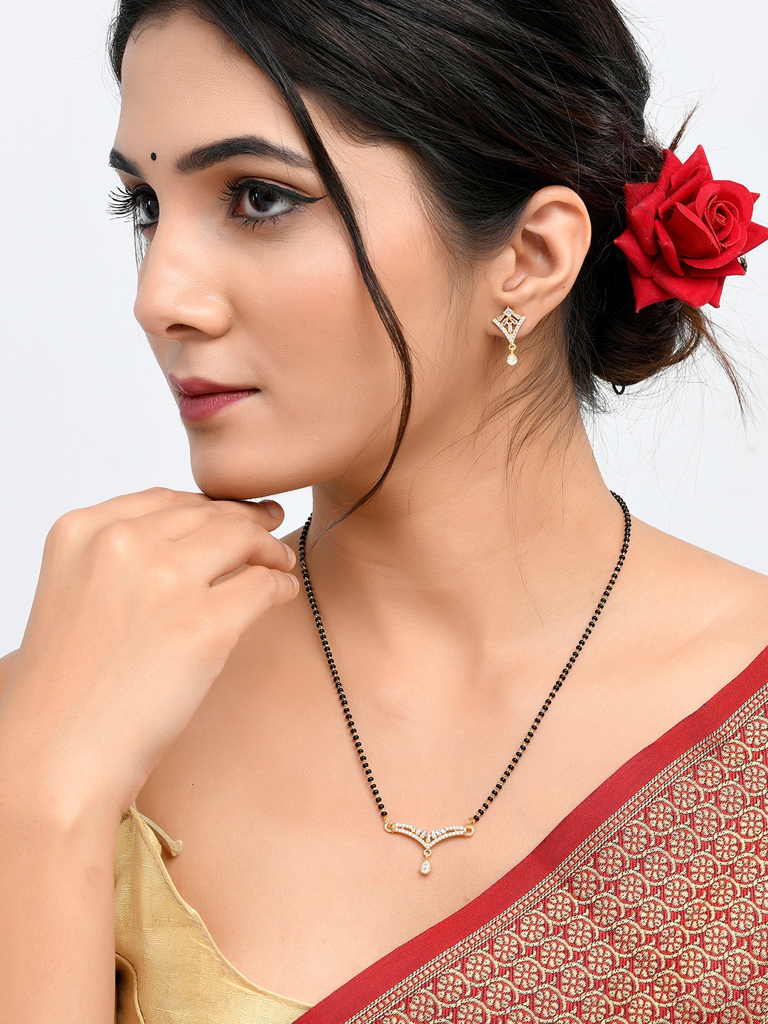 

Voylla Gold-Plated Stones and Beads Mangalsutra With Earrings, Black
