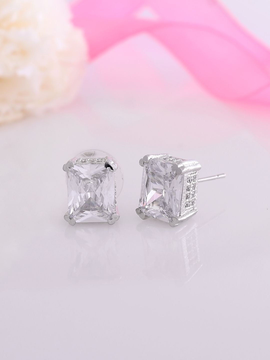 

VoyllaRhodium-Plated Contemporary Cubic Zirconia Studded Earrings, Silver