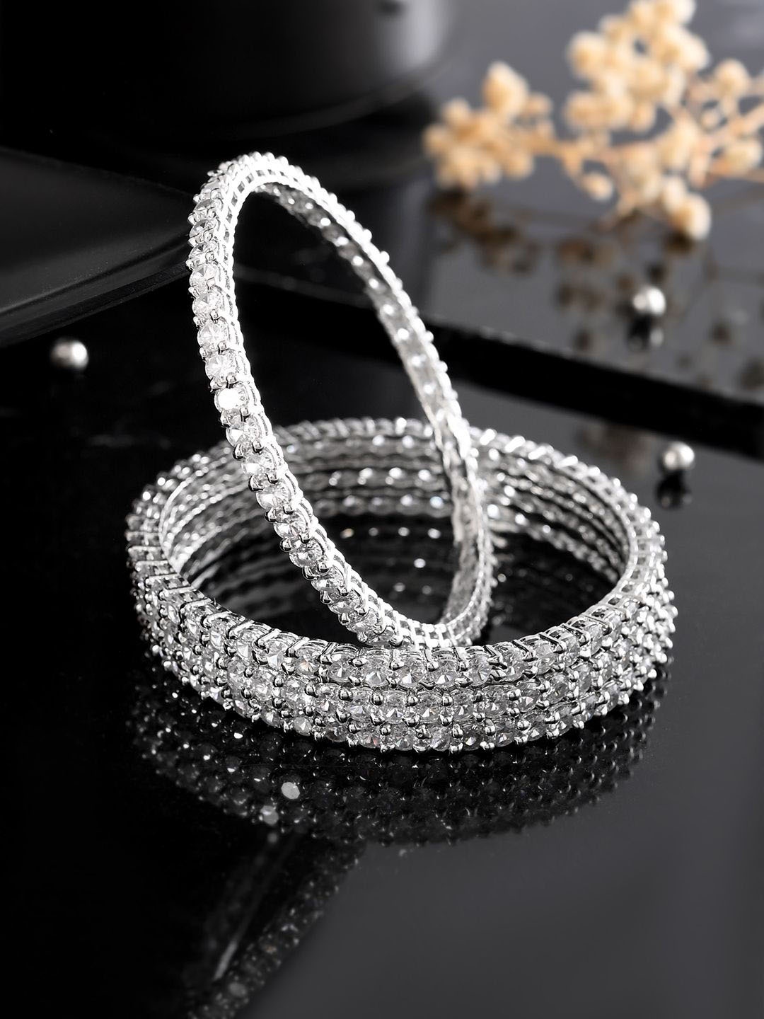 

Voylla Set Of 4 Rhodium Plated Cubic Zirconia Studded Bangles, Silver