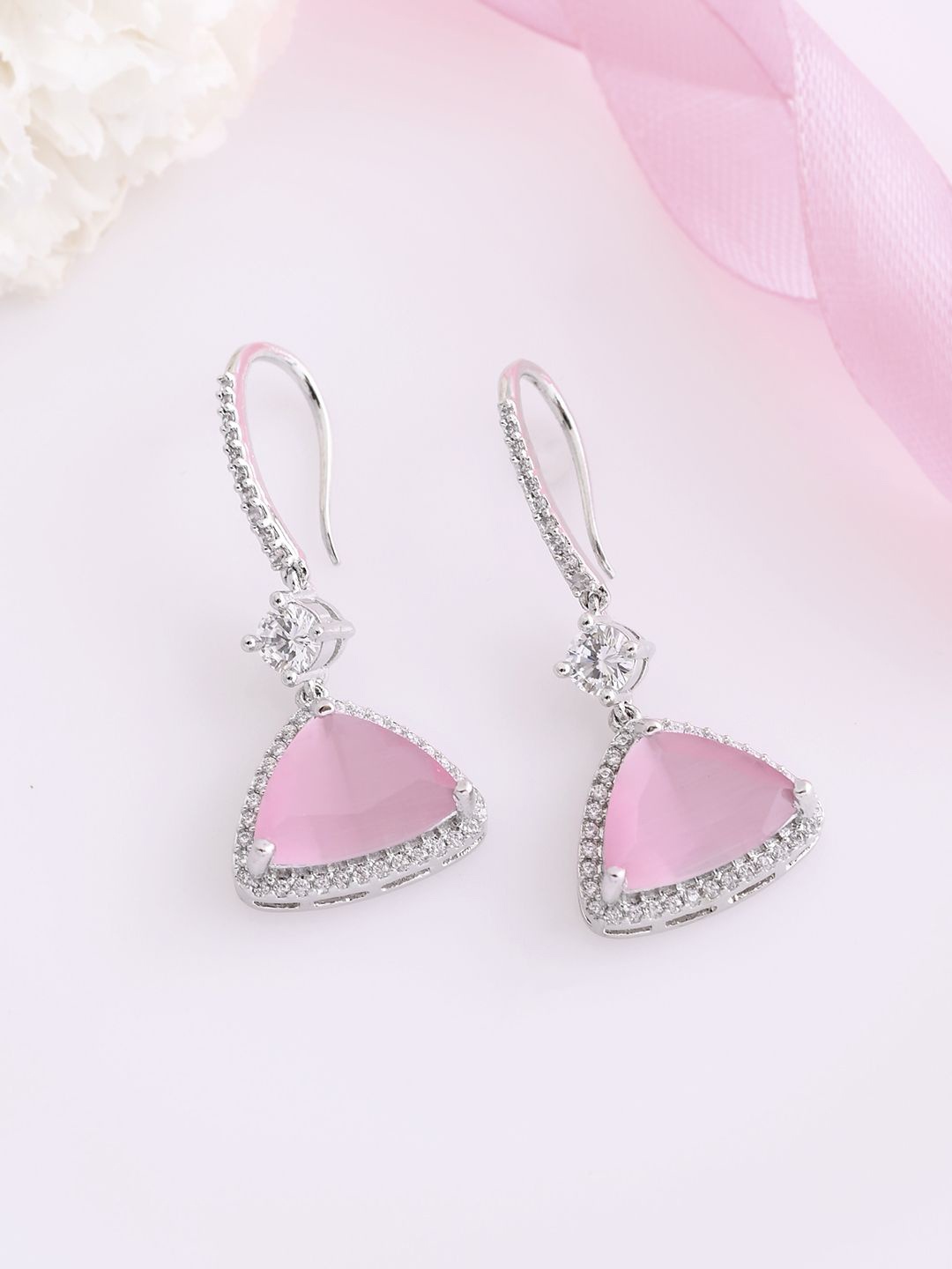 

Voylla Rhodium-Plated Contemporary Brass Artificial Stones Drop Earrings, Silver