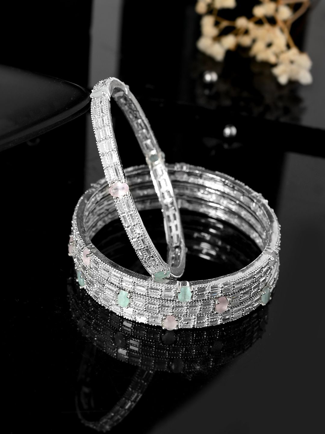 

Voylla Set Of 4 Rhodium Plated Cubic Zirconia Studded Bangles, Silver